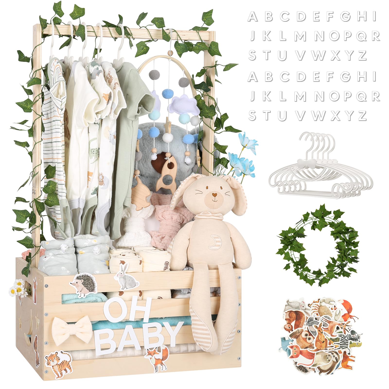 Personalized Baby Shower Gift Basket - Large Wooden Crate with Adjustable Handle & Custom Letters for Newborn Boys & Girls | Nursery Decor, Baby Closet Organizer, Pregnancy Gift for New Parents | Perfect for Gender Reveals, Baby Showers & Nursery Decorations