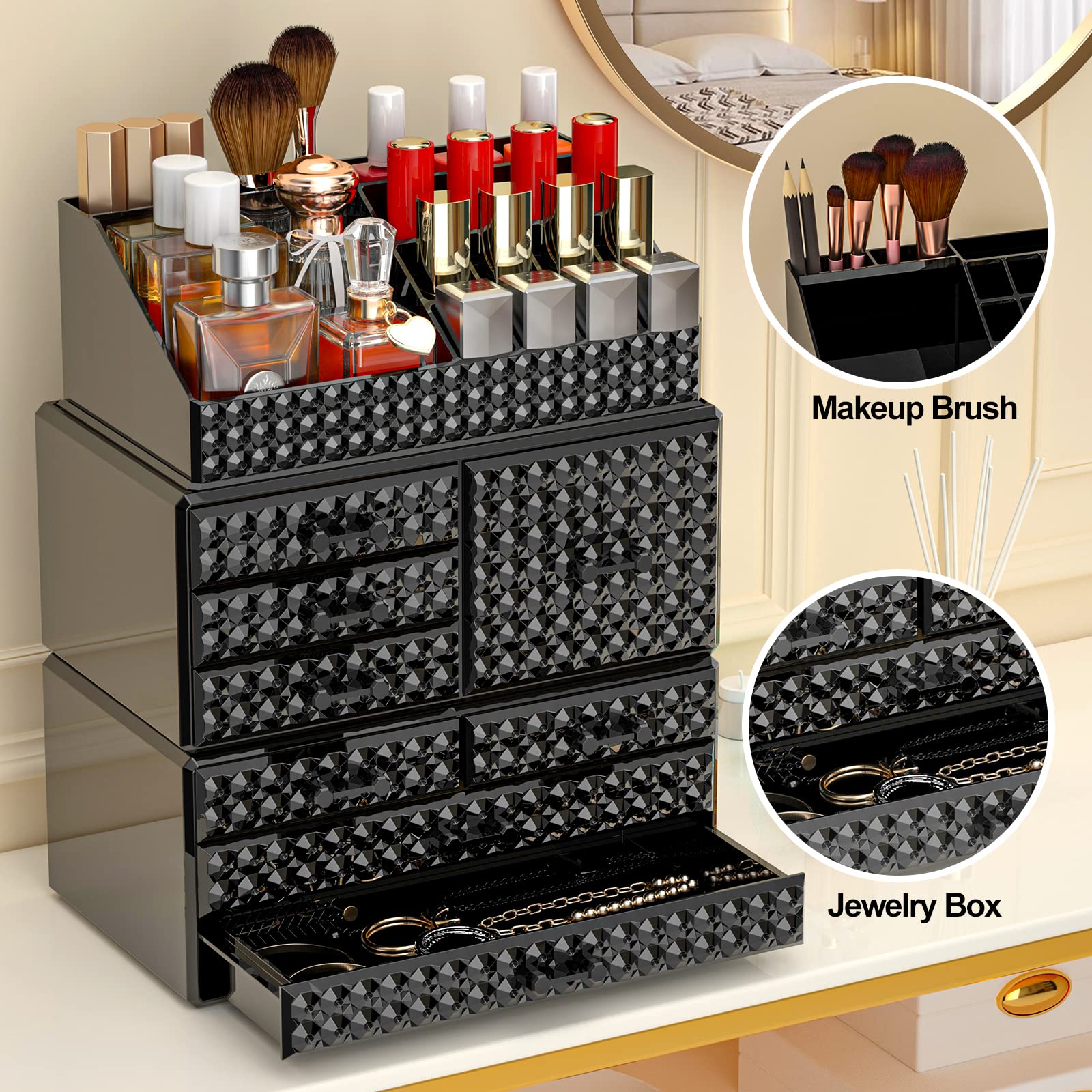 3 Pack Stackable Acrylic Makeup Organizer with 8 Drawers - Upgraded Cosmetic Storage Case for Brushes, Perfumes & Jewelry - Perfect for Vanity, Bathroom Countertop & Bedroom Organization (Plus Size)