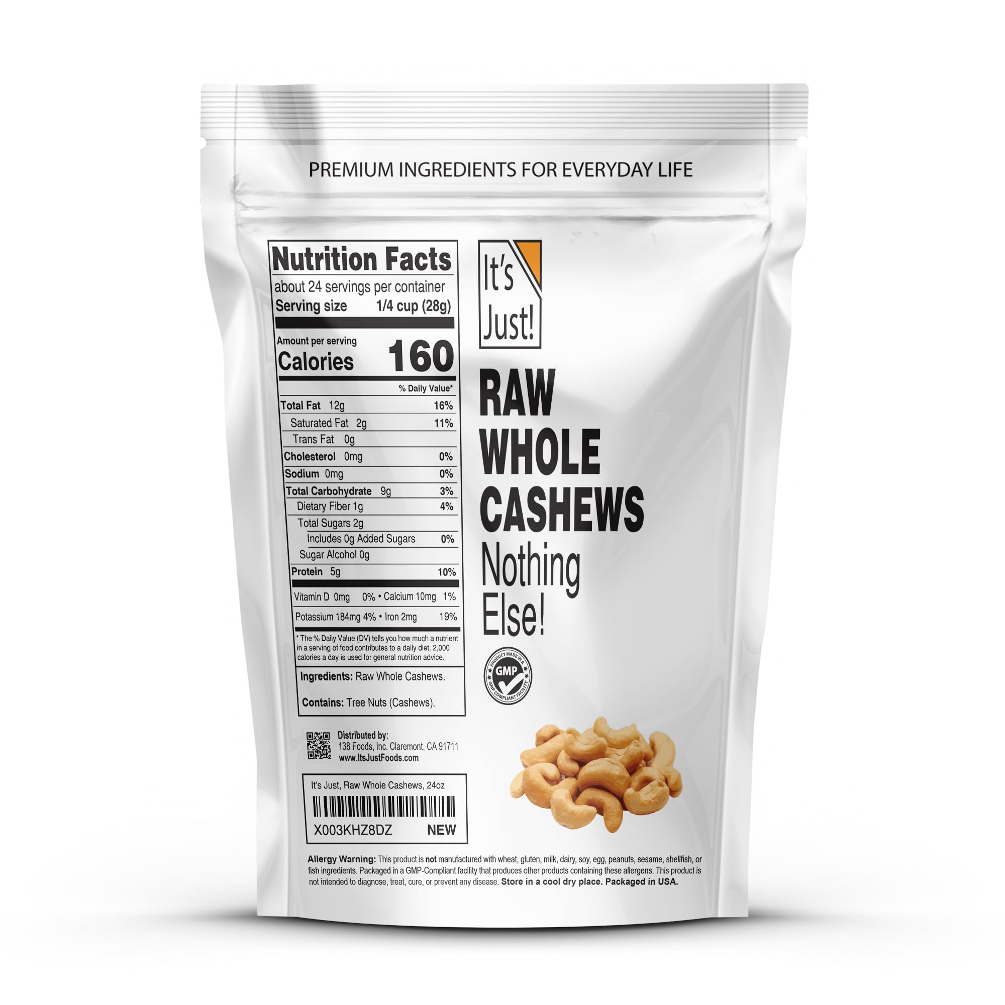 Premium Whole Cashews - Raw, Unsalted, Soft Fancy Nuts (1.5 lb) | Healthy Snack for Office, Travel & Vegan Diet