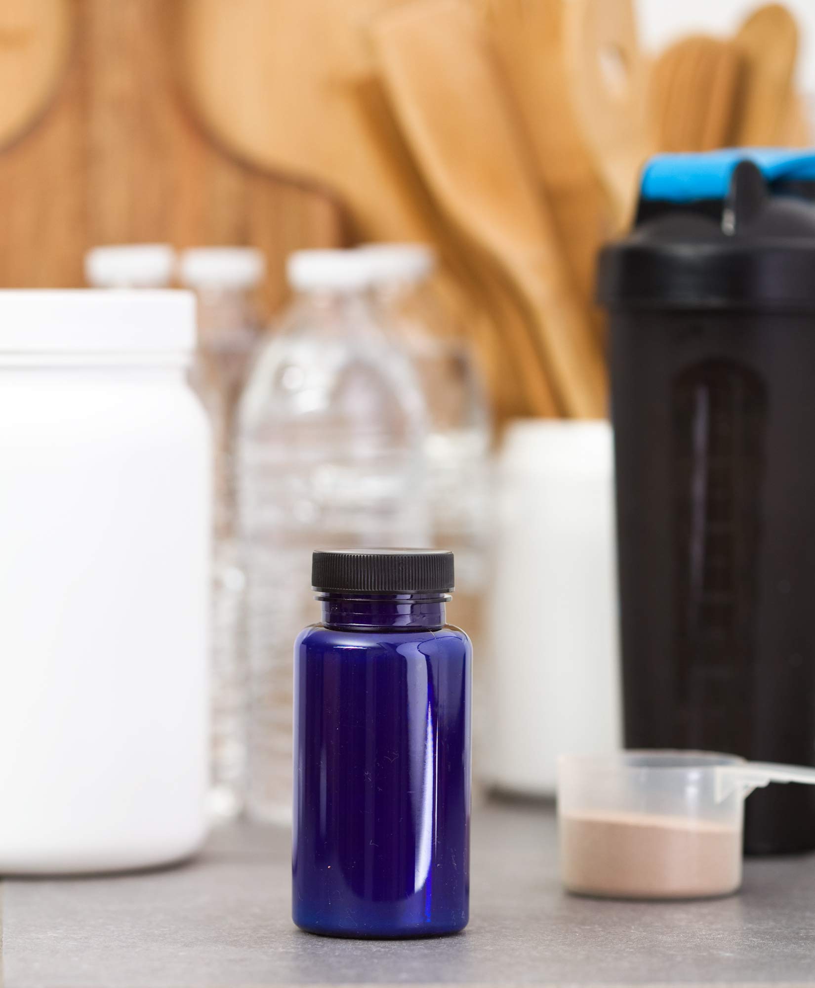 JUVITUS 5 oz Cobalt Blue Plastic PET Bottles with Black Ribbed Lids (3-Pack) - Leak-Proof Travel Containers for Essential Oils, Lotions & DIY Crafts - Includes Free Labels