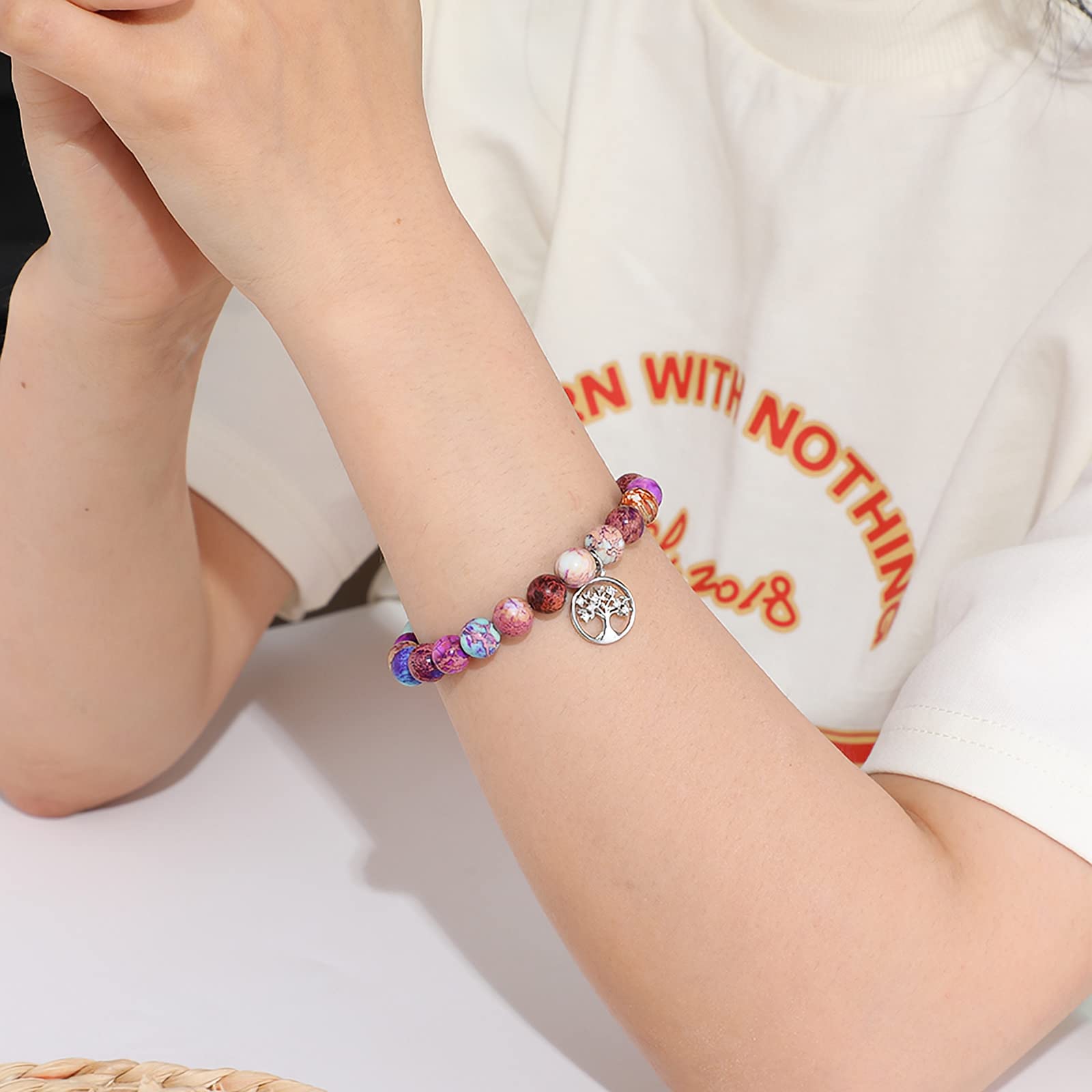 Teacher Bracelet Gift for Women - Natural Stone Jewelry with Apple Bee Charm for Graduation & Appreciation - Class of 2024