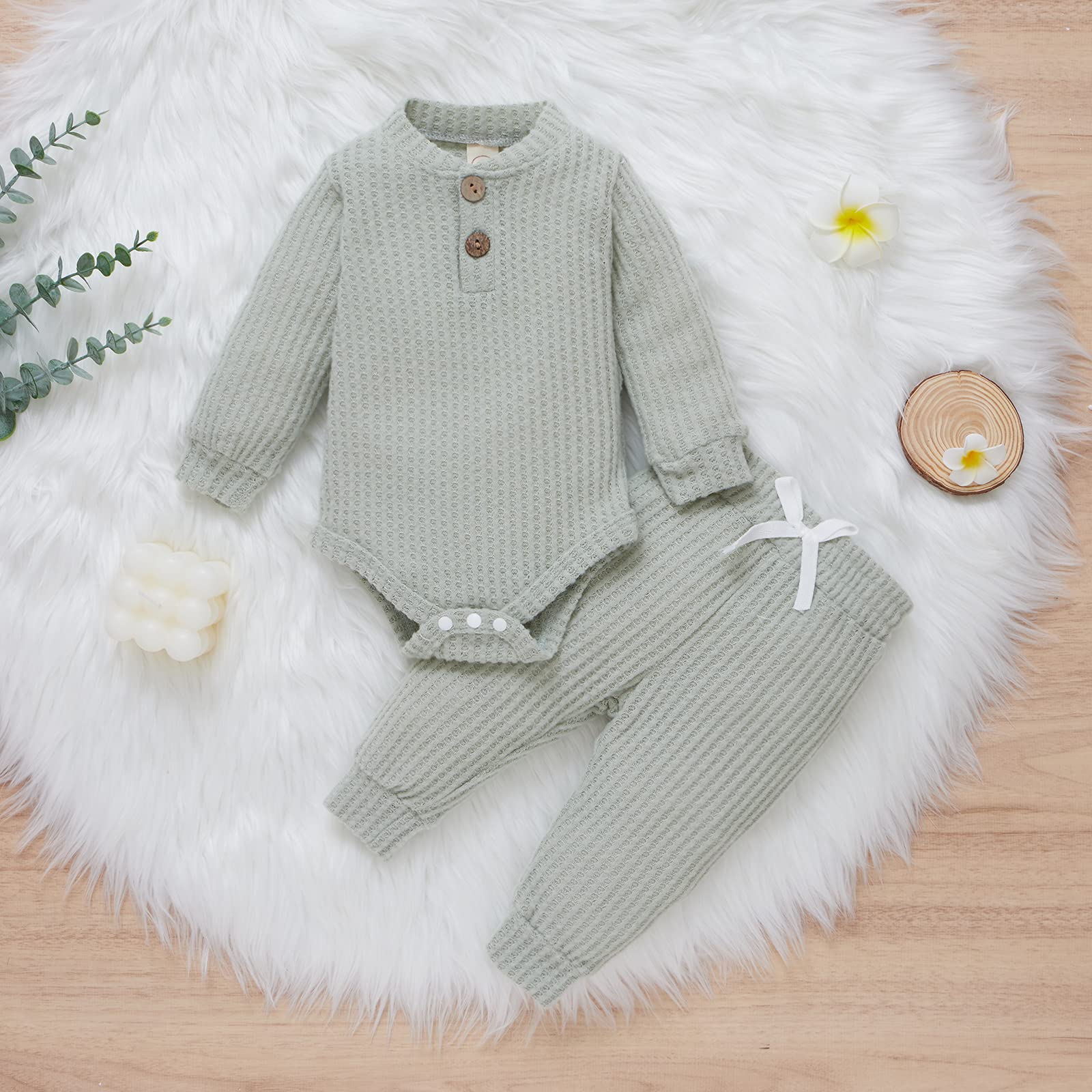 Fall Winter Newborn Baby Clothes Set - Unisex Infant Waffle Knit Outfit with Long Sleeve Top & Pants - Cozy Outfit for Baby Boys & Girls - Perfect for Family Photos, Daily Wear & Holiday Gifts
