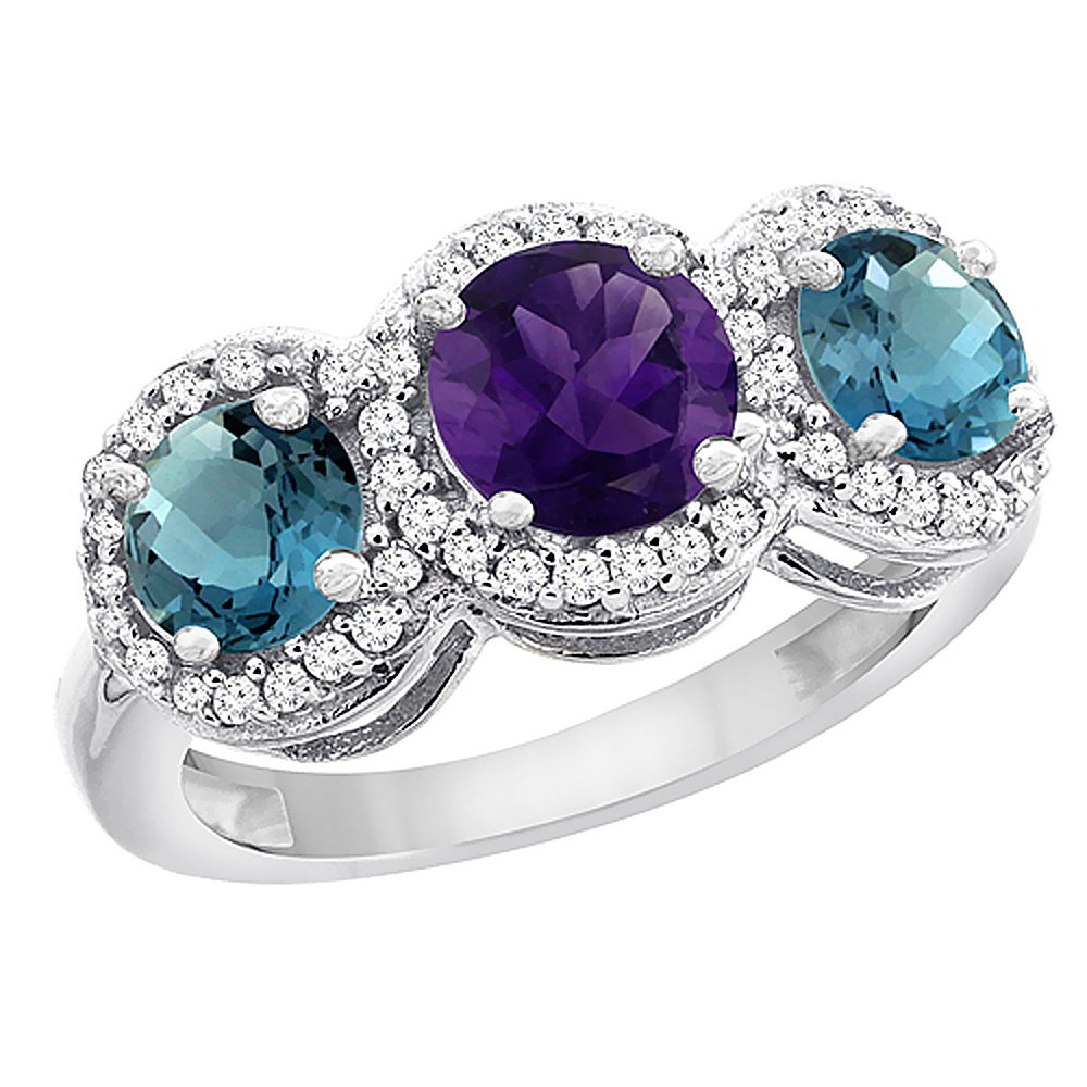 14K White Gold Natural Amethyst & London Blue Topaz Three Stone Ring with Diamond Accents - Size 5 to 10 - Elegant Wedding Band, Anniversary Gift, Engagement Jewelry for Women