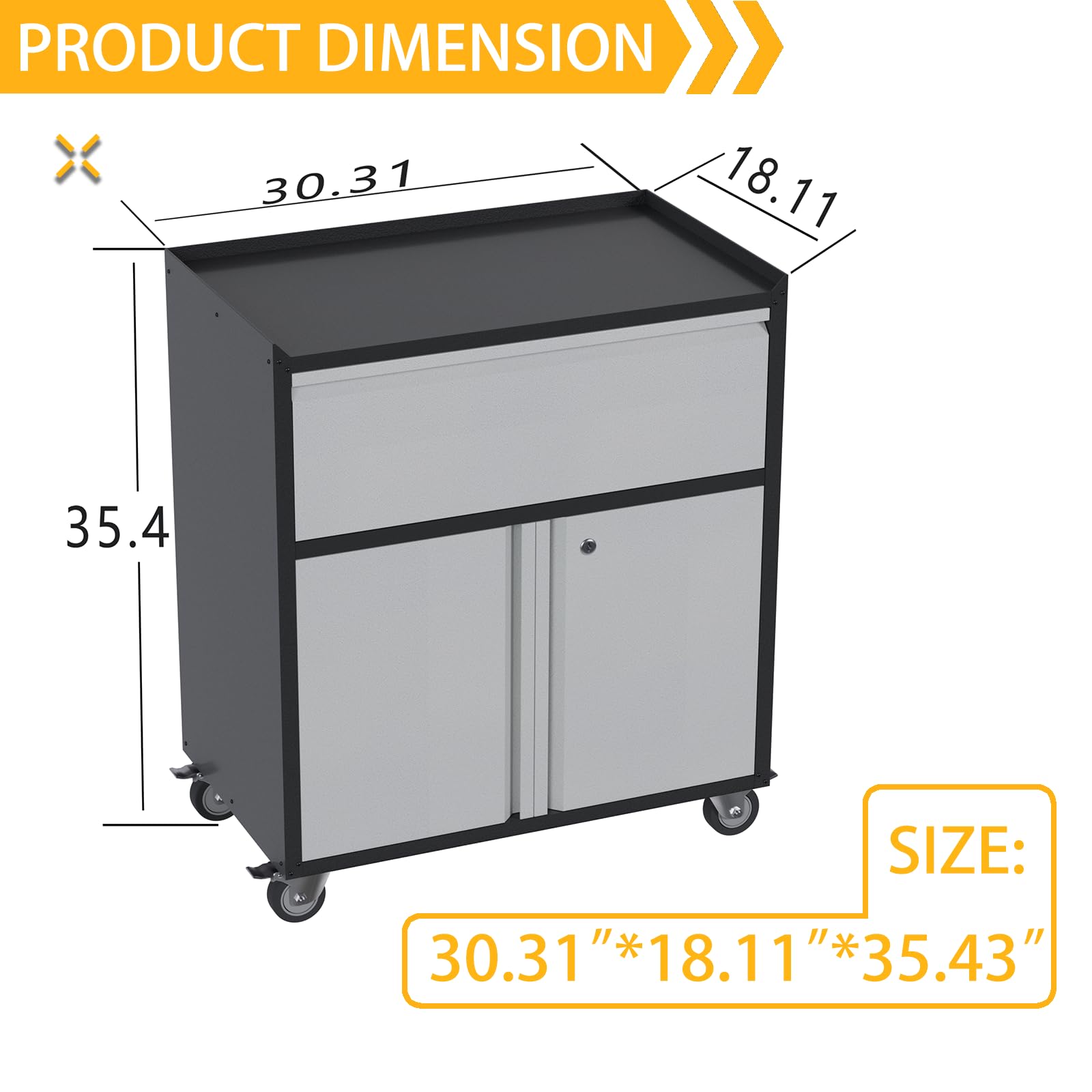 Heavy-Duty Metal Storage Cabinet with Wheels - Steel Rolling Tool Cabinet with 1 Drawer & 2 Doors - Garage, Home Office, Workshop & Garden Utility Organizer (Black/Gray) - Perfect for Tools, Equipment & Supplies Storage