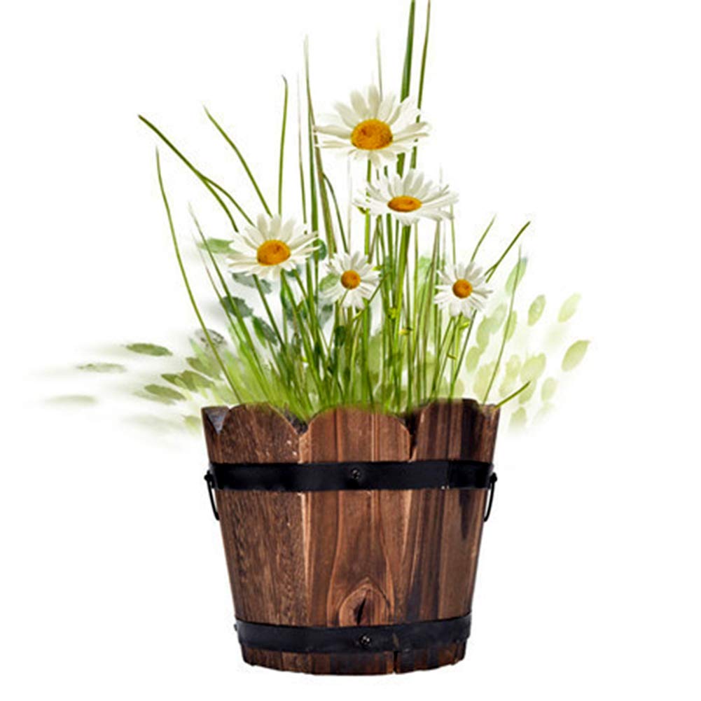 URMAGIC Wooden Whiskey Barrel Planter with 2 Metal Handles - Rustic Garden Flower Pot with Drainage Hole for Succulents, Herbs & Plants (3 Sizes, 2 Styles) - Perfect for Indoor Decor, Outdoor Patio & Farmhouse Gardening