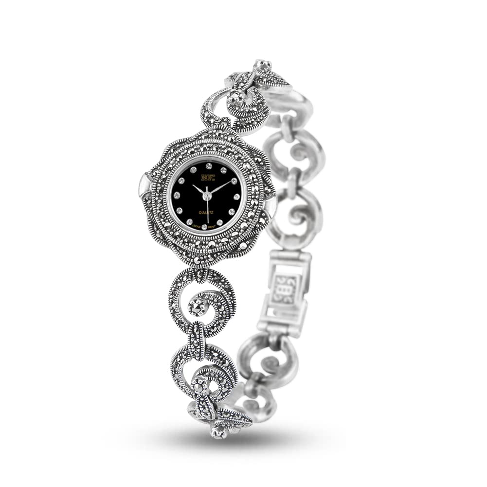 Vintage Women's Watches - 925 Sterling Silver Flower Bracelet Band Watch with Marcasite | Elegant Timepiece for Casual, Office & Special Occasions