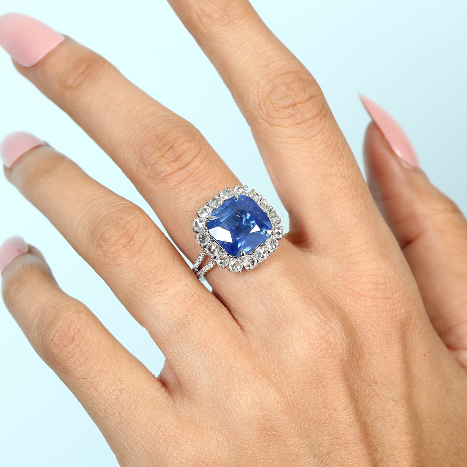Exquisite Faceted Rose Cut Blue Sapphire Halo Ring in 14K White Gold - Perfect Anniversary Gift for Her, Wedding Band, Engagement Ring & Special Occasion Jewelry
