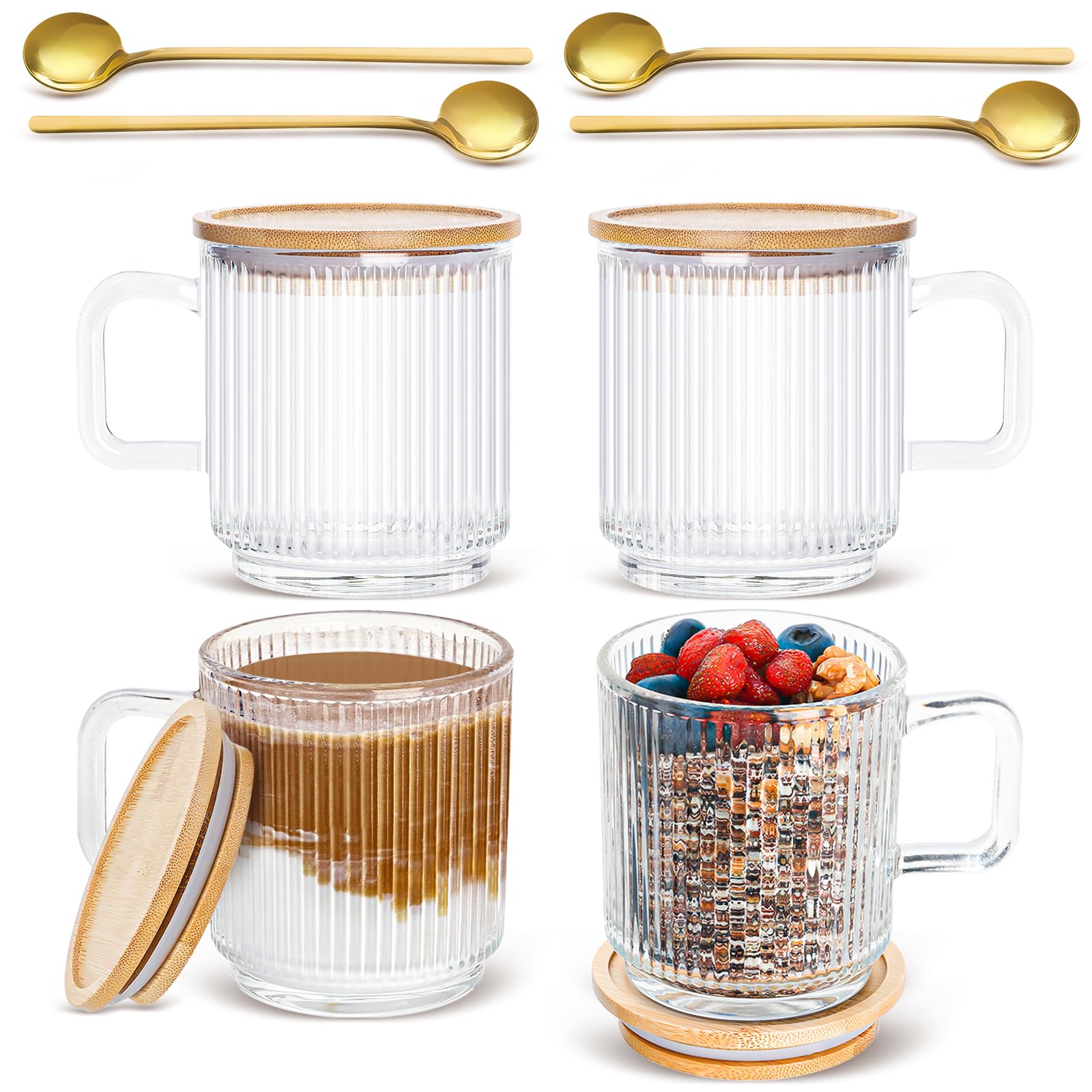 4-Pack Vintage Glass Coffee Mugs with Bamboo Lids & Spoons - 12oz Ribbed Glass Cups for Latte, Tea, Cappuccino - Clear Heat-Resistant Drinkware for Hot & Cold Beverages - Perfect for Coffee Bars, Home Kitchen & Office Use