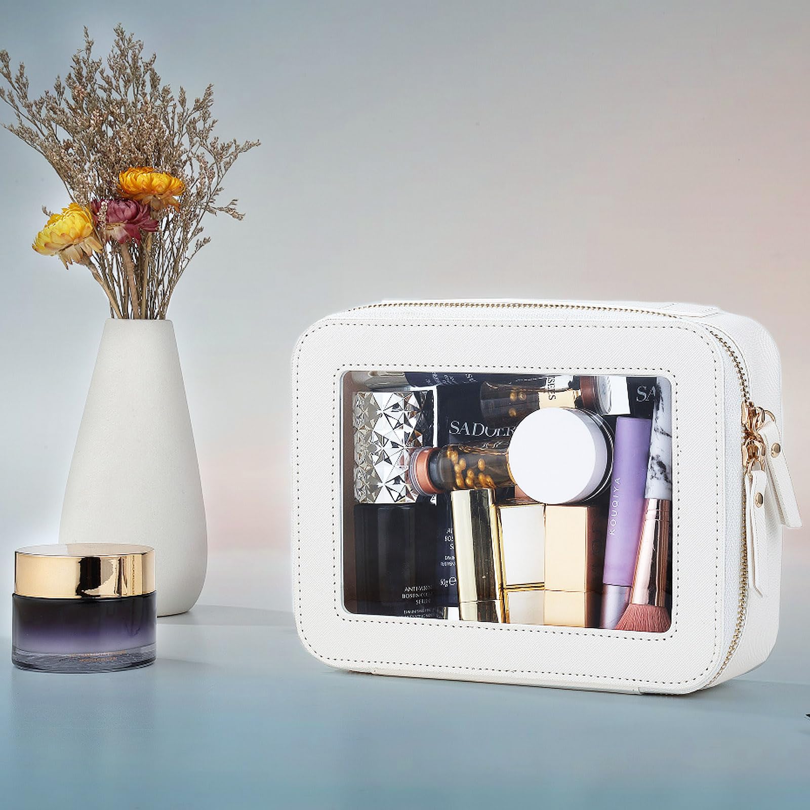Clear Window Travel Makeup Bag for Women - Heavy Duty Zipper Cosmetic Organizer with Transparent Front, White Toiletry Bag for Travel Essentials | Perfect for Airplane Carry-on, Gym, Vacation & Daily Use