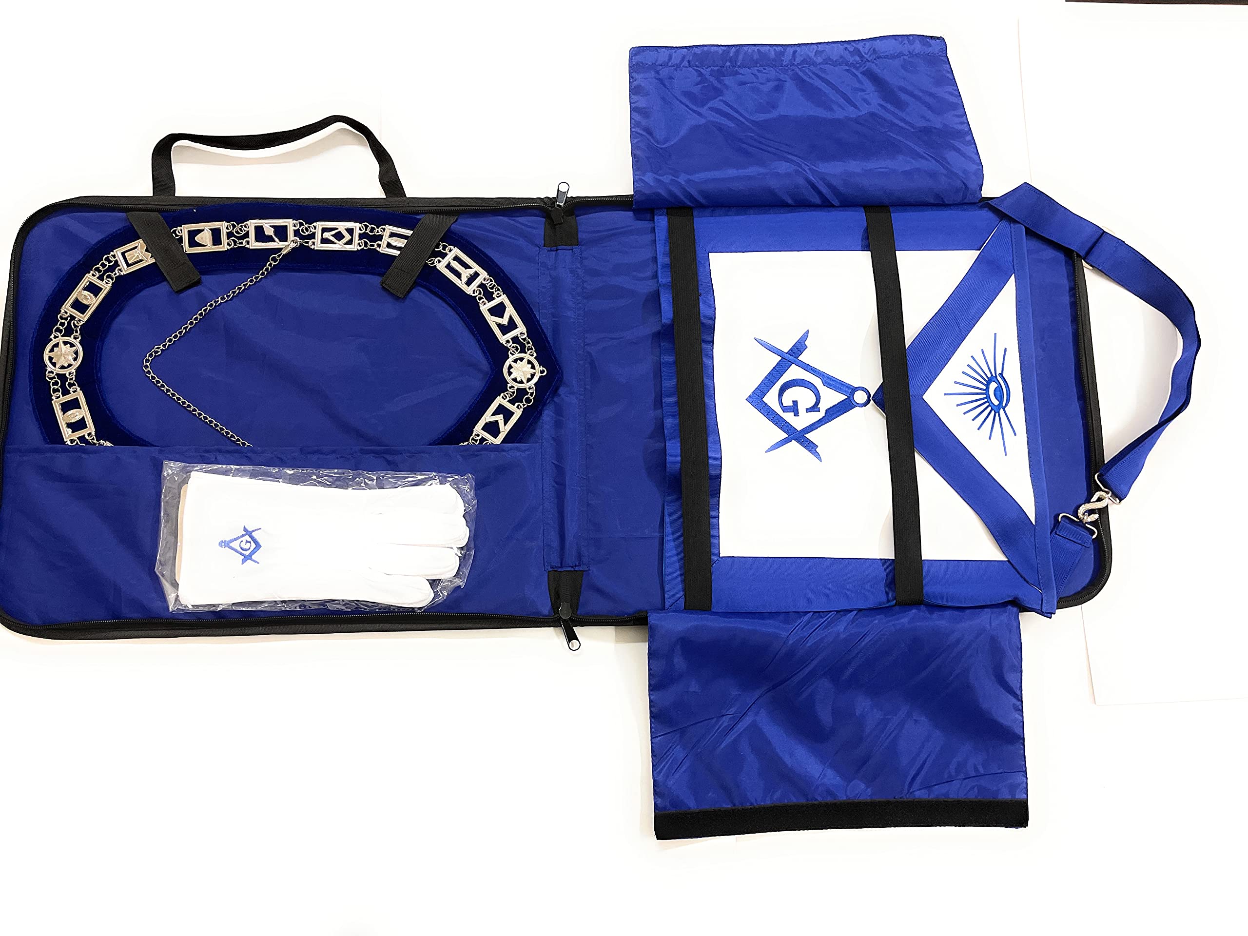 14 Stars Masonic Regalia Set - Past Master Mason Blue Lodge Apron with Square Chain Collar, Compass Gloves & Lightweight Soft Case - White & Blue One Size - Perfect for Masonic Ceremonies, Lodge Meetings & Freemason Events