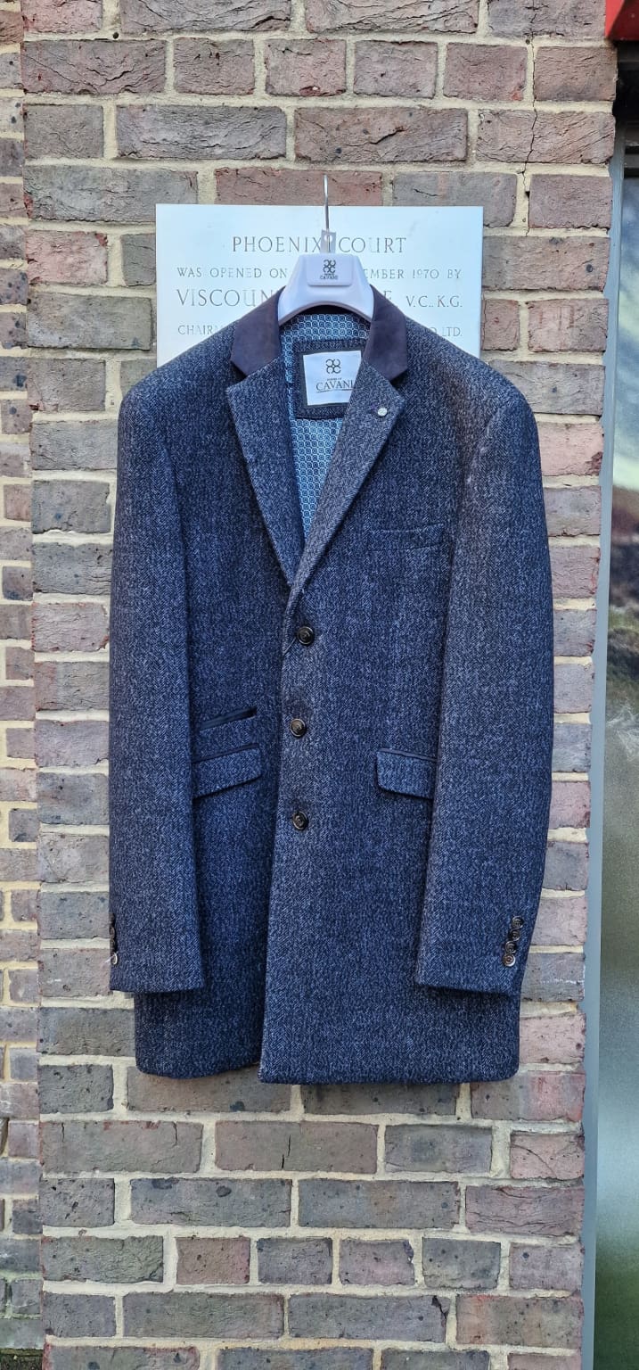 Cavani Fabrini Men's Navy Check Wool Blend Overcoat - Premium Winter Coat for Business & Formal Occasions