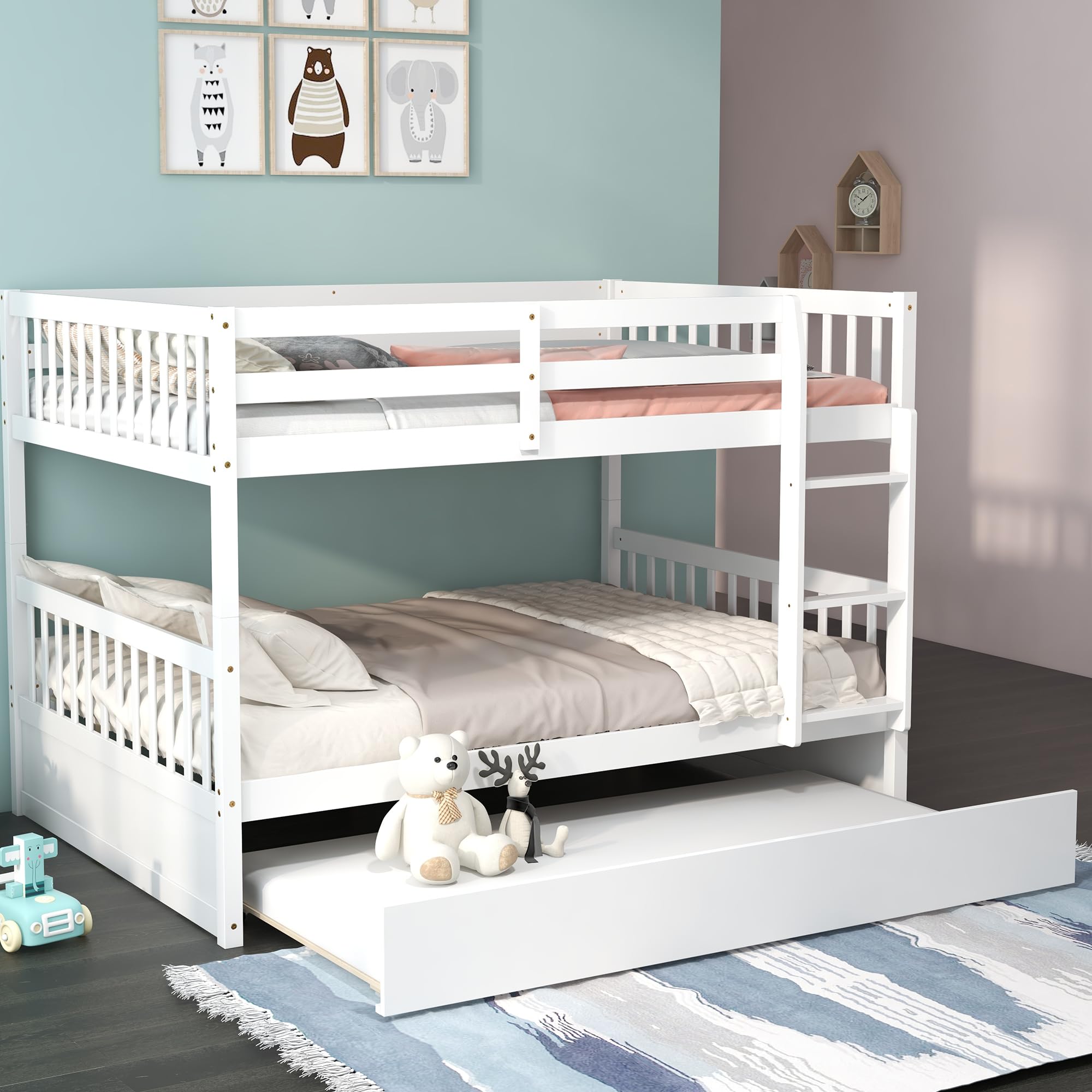 KOMFOTT Solid Wood Full Over Full Bunk Bed with Trundle - Sturdy Bunk Bed Frame with Ladder & Safety Guardrails - Space-Saving Bunk Bed for Teens, Adults & Guest Rooms - No Box Spring Needed - Perfect for Small Bedrooms, Dorms & Vacation Homes