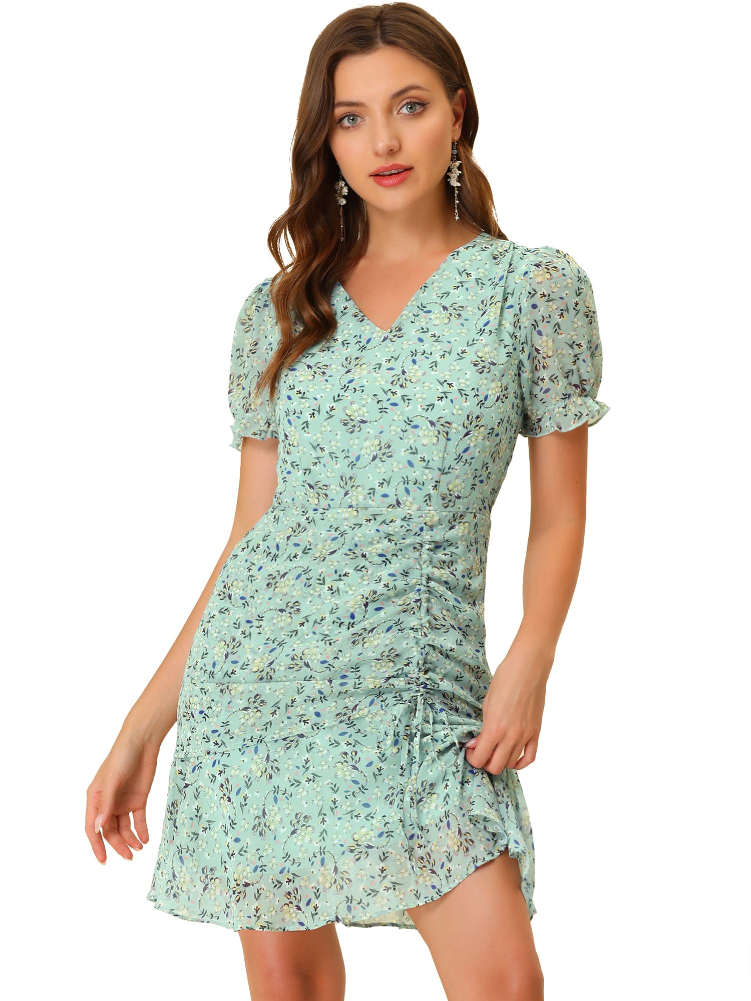 Allegra K Women's Floral Chiffon Dress with Ruffle Puff Sleeves & V-Neck - Elegant Drawstring Ruched Design for Summer Parties, Weddings & Casual Outings