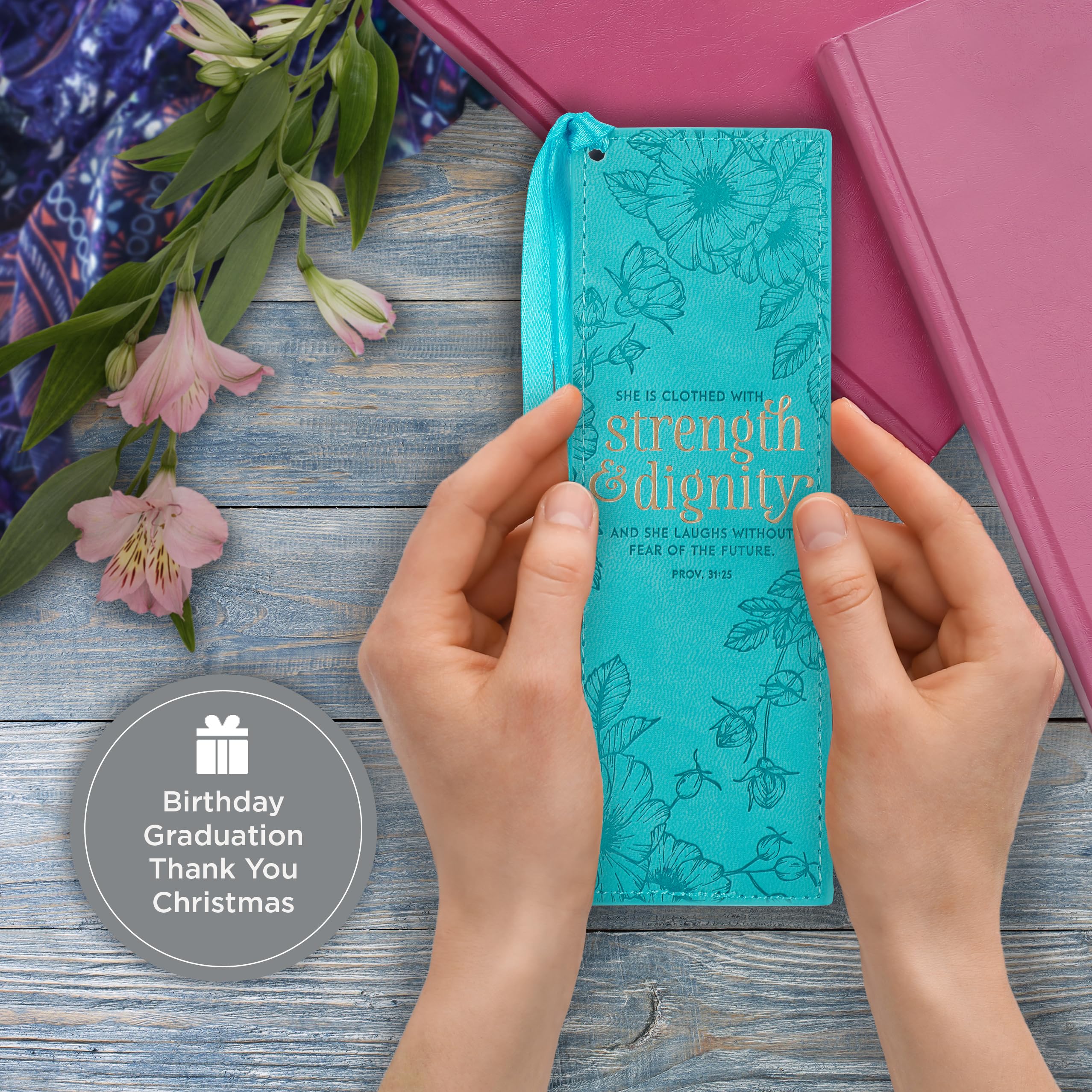 Christian Art Gifts Vegan Faux Leather Scripture Bookmark for Women - Proverbs 31:25 Inspirational Bible Verse (Strength and Dignity) | Heat-Debossed Faith-Based Reading Accessory with Tassel in Teal | Perfect for Bible Study, Church, Prayer Journals & Spiritual Gifts