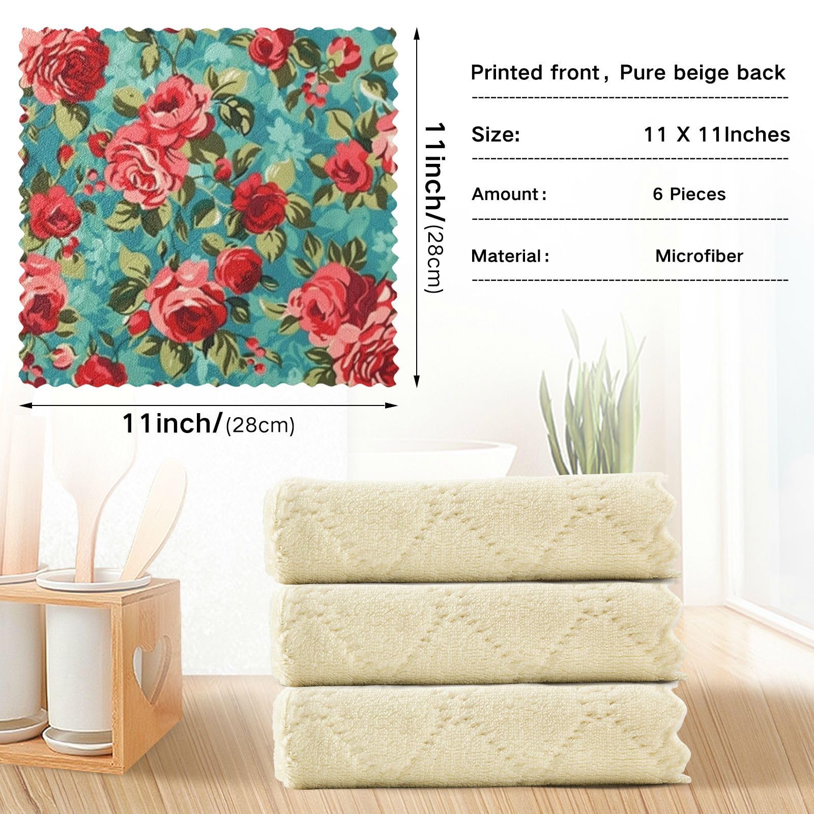 Kcldeci 6-Pack Red & Green Rose Microfiber Dish Cloths - Super Absorbent Reusable Kitchen Towels for Washing Dishes, Cleaning & Draining | Perfect for Daily Kitchen Use, Dish Drying & Countertop Cleaning