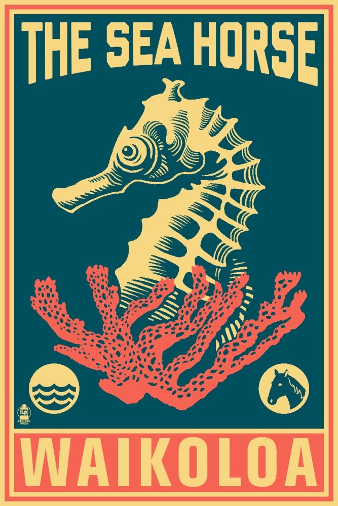 Waikoloa Hawaii Seahorse Woodblock Art Print - Blue and Pink Ocean Wall Decor Poster (24x36 Signed Master Print) for Beach House, Coastal Living Room & Nautical Bedroom Decor