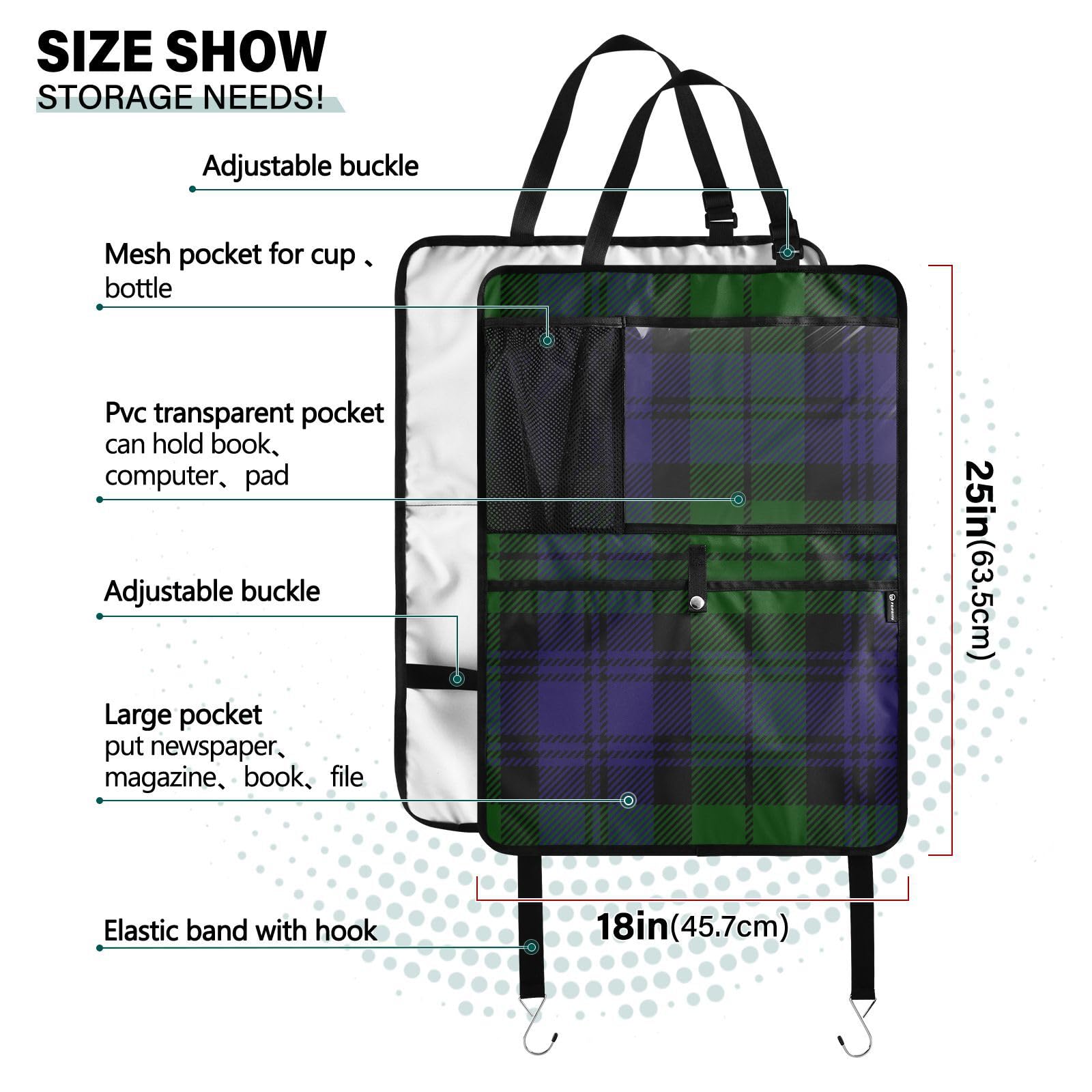 Aflyko Car Seat Back Organizer - Tartan Plaid Green & Blue with Pockets, Kick Mat & Backseat Protector - 1 Pack | Perfect for Road Trips, Family Travel & Keeping Your Vehicle Clean