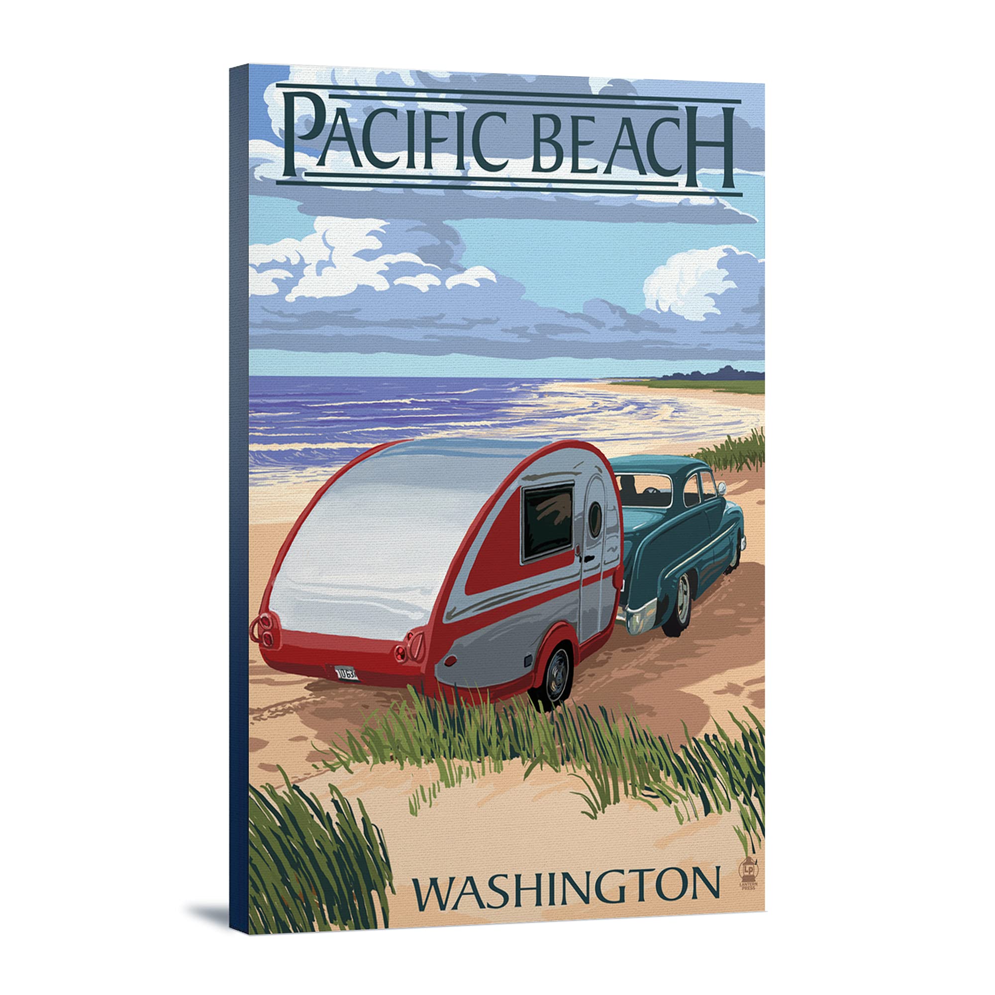 Pacific Beach Washington Retro Camper on Beach - 16x24 Wrapped Canvas Wall Art for Coastal, Living Room, or Bedroom Decor