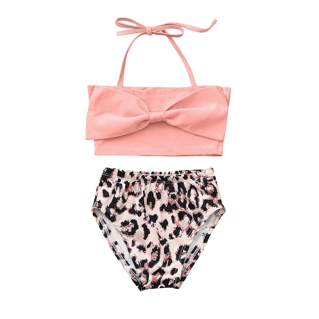 Kids Girls Bikini Swimsuit Set with Bow Halter Top & Leopard Print Shorts - Stylish Tankini Bathing Suit for Summer Beach & Pool Fun
