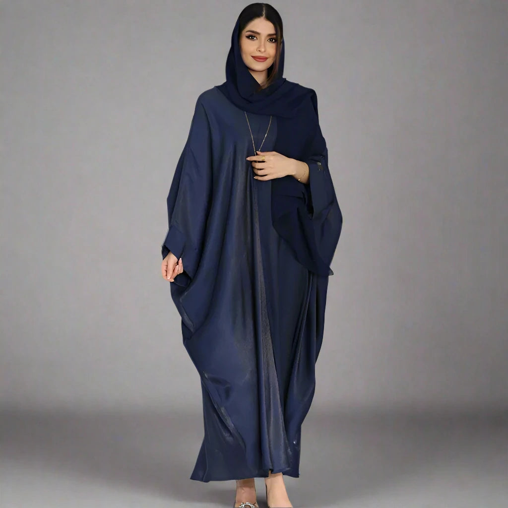 Elegant Satin Batwing Sleeve Farasha Cardigan Open Abaya Dress for Women - Perfect for Prayer, Evening Parties & Special Occasions