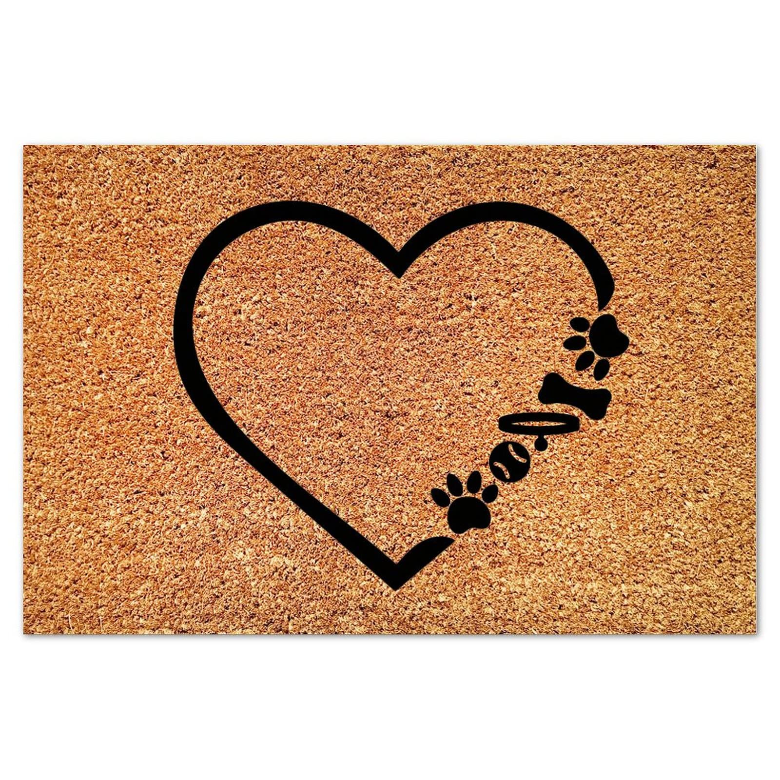 Natural Coir Doormat with Non-Slip Backing - Paw Print & Heart Design, Pet Lover's Welcome Mat for Indoor/Outdoor Use, Perfect for New Homeowners, Entryways, and Pet-Friendly Spaces