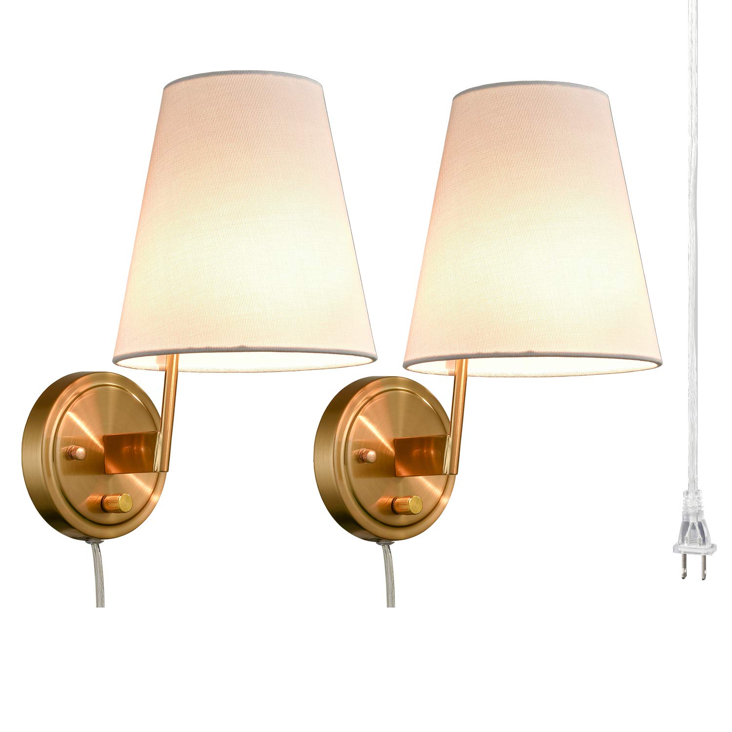 Set of 2 Gold Brass Plug-in Wall Sconce Lamps with Fabric Shade - Bedroom & Living Room Lighting - Perfect for Nightstands, Reading Nooks & Cozy Ambiance