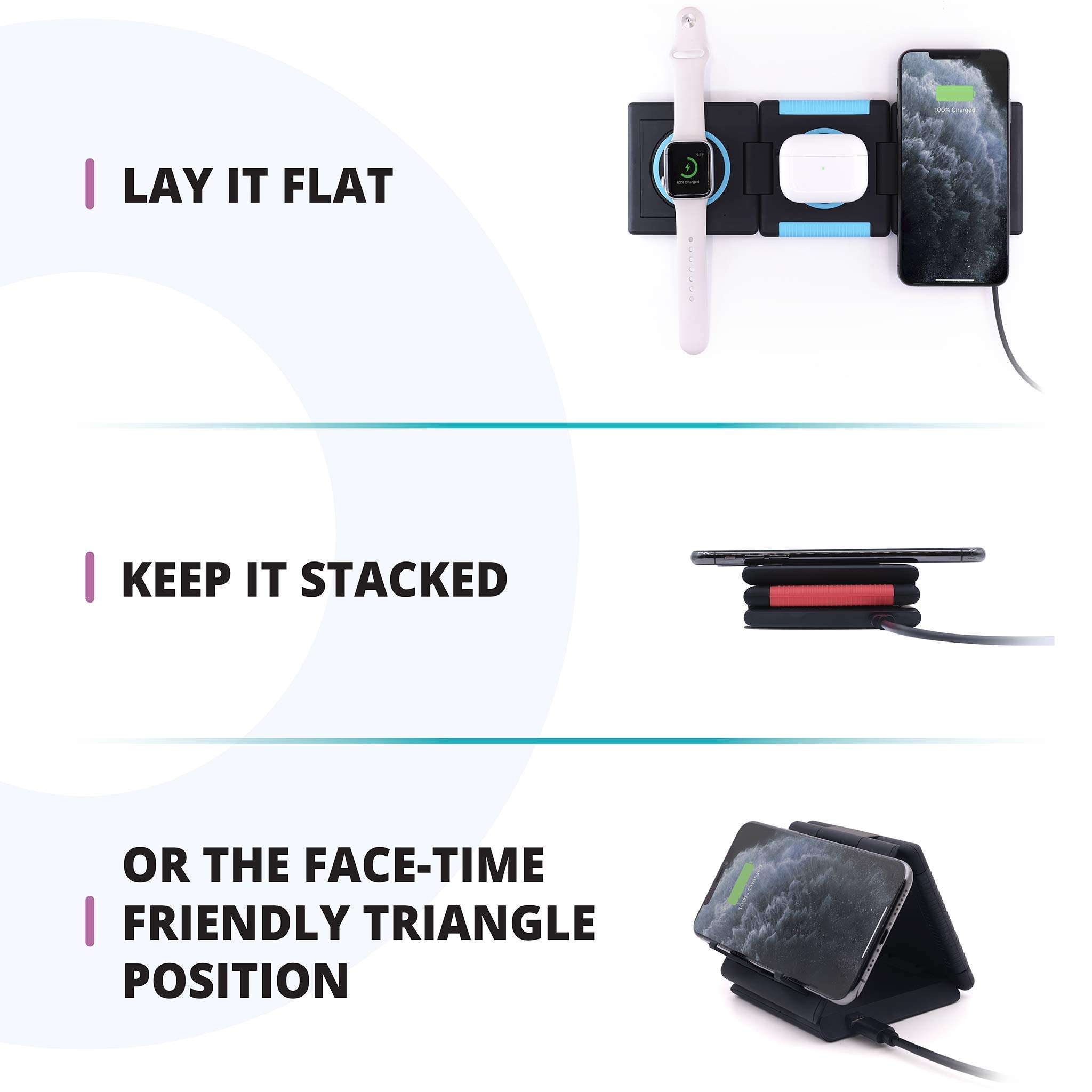 3-in-1 Foldable Wireless Charger for iPhone 15/14/13/12/11, Apple Watch Ultra/SE/Series 1-9 & AirPods Pro/Gen3 - 10W Fast Charging Station with Adapter & Cable - Glow LED Indicator - Perfect for Travel, Office & Nightstand Charging