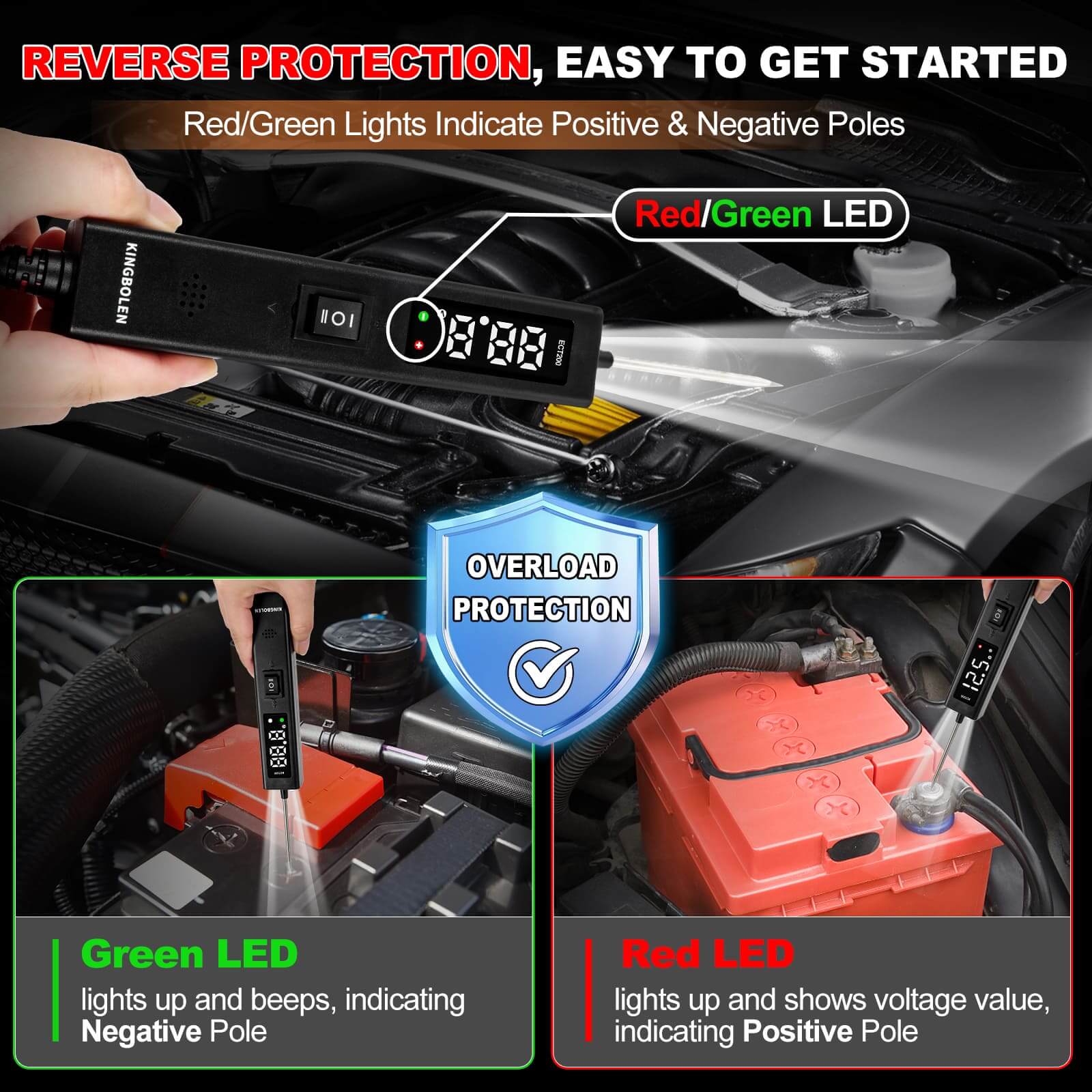 KINGBOLEN ECT200 12V & 24V Car Battery Tester with LED Screen - 8A Max Current Battery Analyzer for Automotive, Truck & Motorcycle Battery Testing - Perfect for Mechanics & DIY Car Maintenance