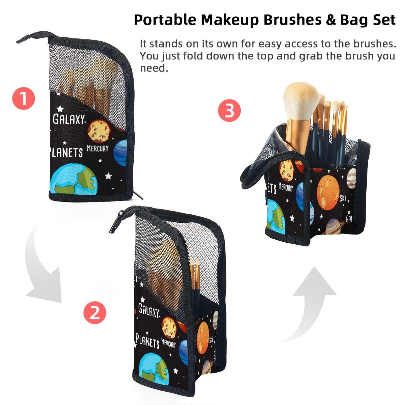 12-Piece Makeup Brush Organizer Bag with Solar System Design - Portable Cosmetic Brush Holder Case for Travel & Home Storage - Perfect for Makeup Artists & Beauty Enthusiasts