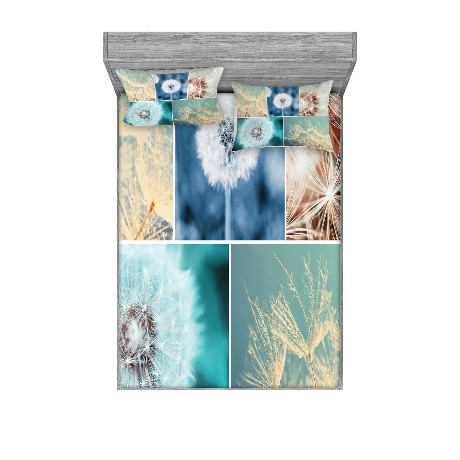 Ambesonne Floral 2-Piece Full Size Fitted Sheet Set with 4 Pillow Shams - Dandelion Nature Art Design in Blue | Soft Bedding Decor for Guest Rooms, Dorms & Cozy Bedrooms