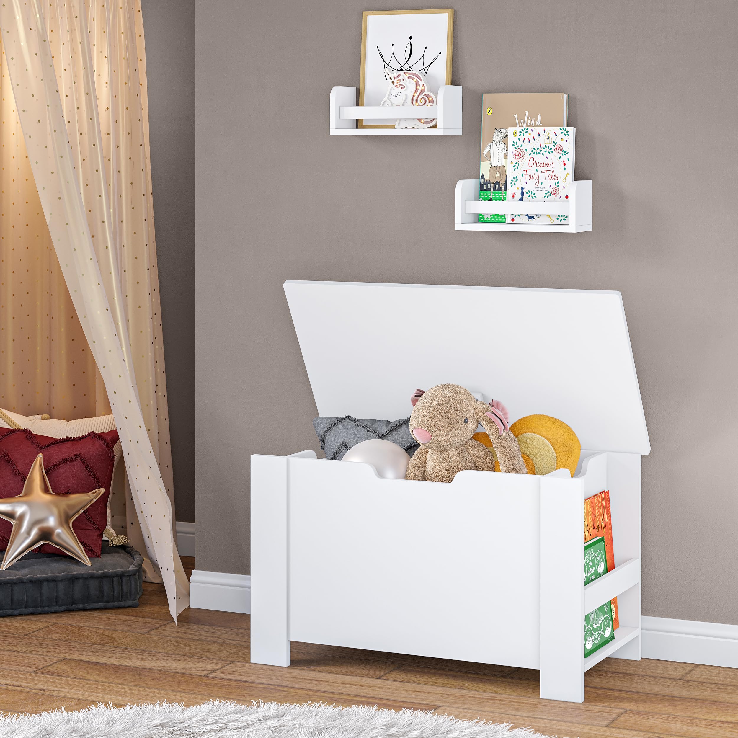 RiverRidge Kids Book Nook Toy Storage Organizer - Modern White Toy Box with Side Bookracks & 2 Floating Bookshelves (10