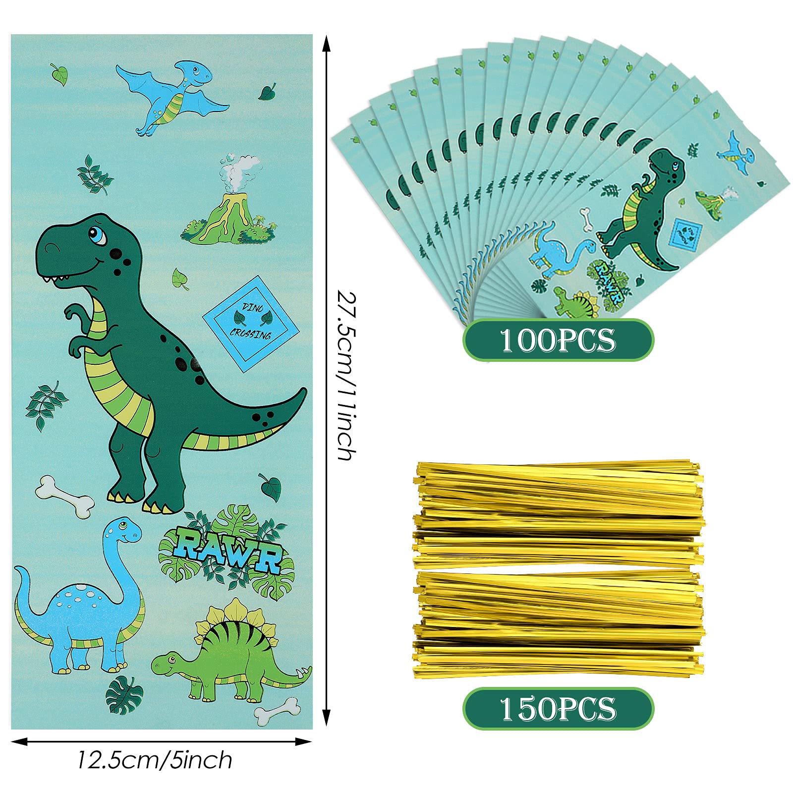 Dinosaur Candy Bags 100pcs with Twist Ties for Party Favors & Decor