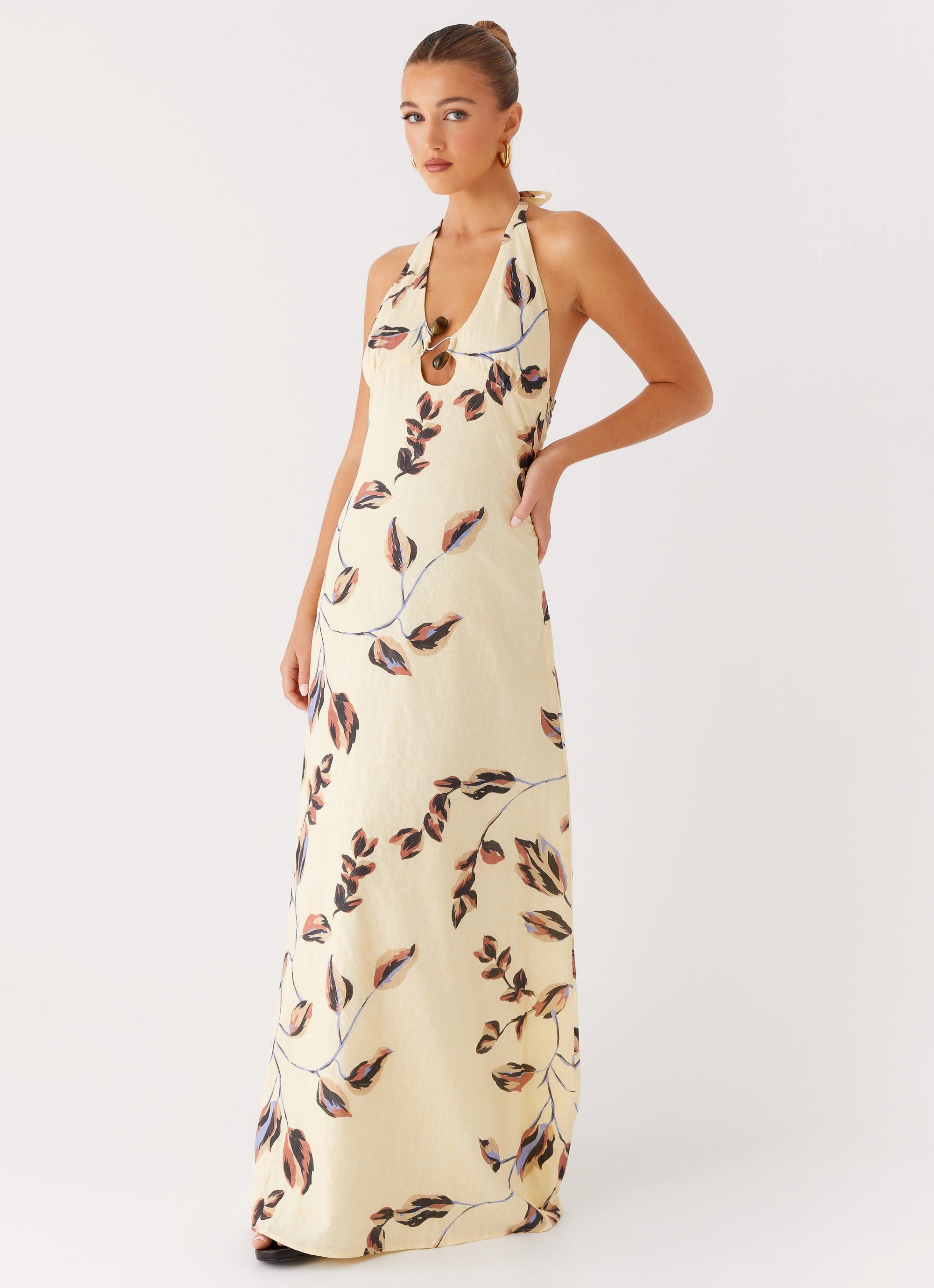 Elvina Halter Neck Maxi Dress - Buttercream Bliss | Elegant Summer Beach Wedding Guest Dress | Boho Chic Flowy Long Dress for Women