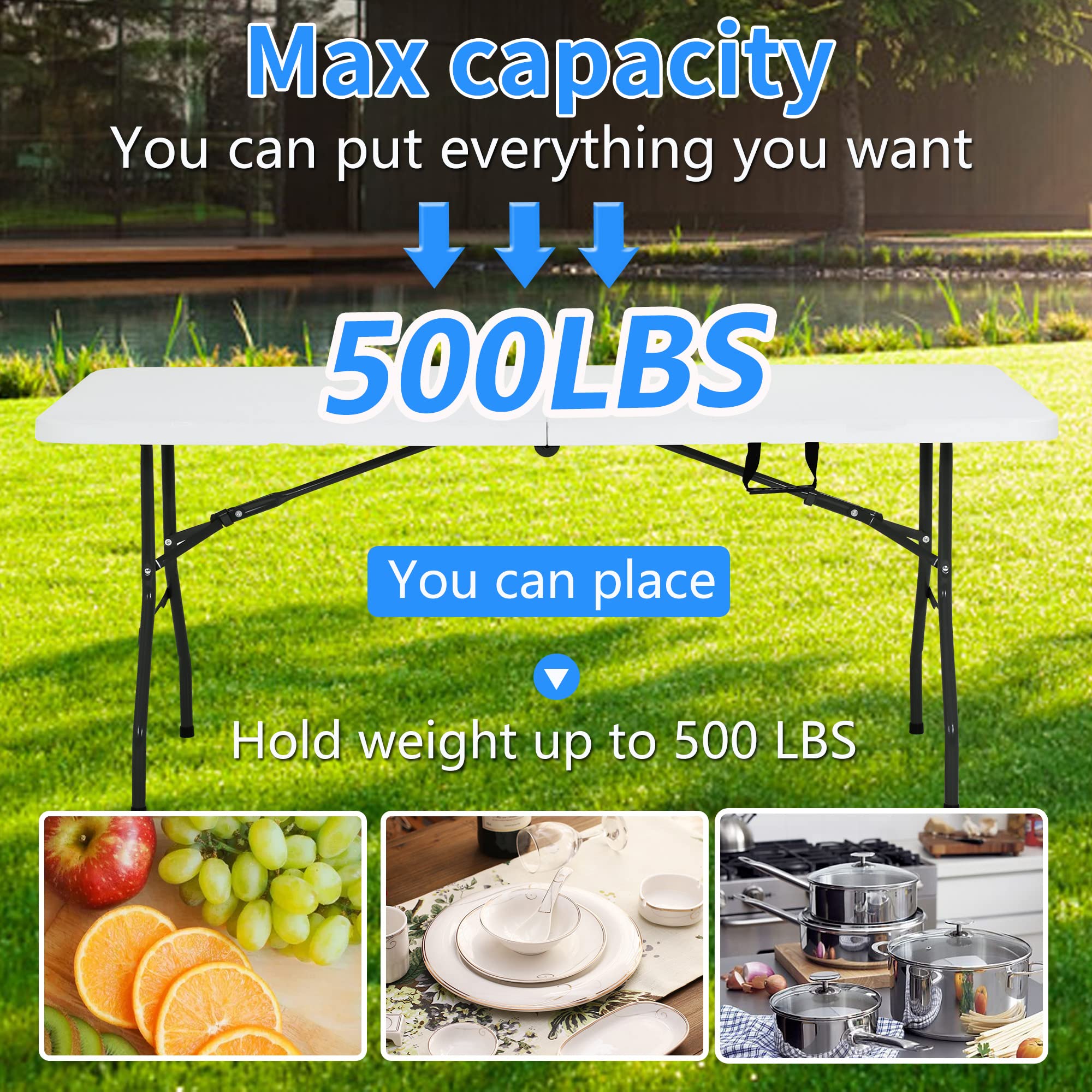 6 FT Portable Folding Plastic Camping Table - Lightweight Picnic Table for Outdoor, Office, Parties & Weddings - Easy Carry Handle (White) - Perfect for Backyard BBQs, Tailgating & Home Use