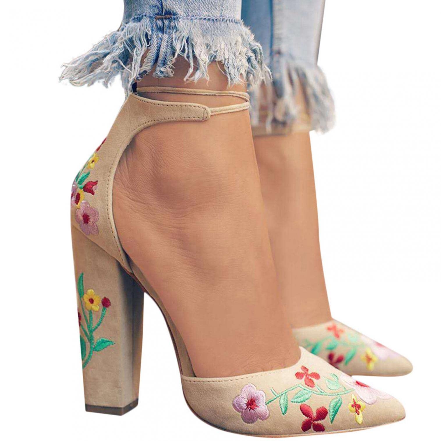AIHOU Women's Strappy Embroidered Pointed Toe Sandals with Chunky Heels - Trendy Casual Summer Shoes for Beach, Vacation & Everyday Wear