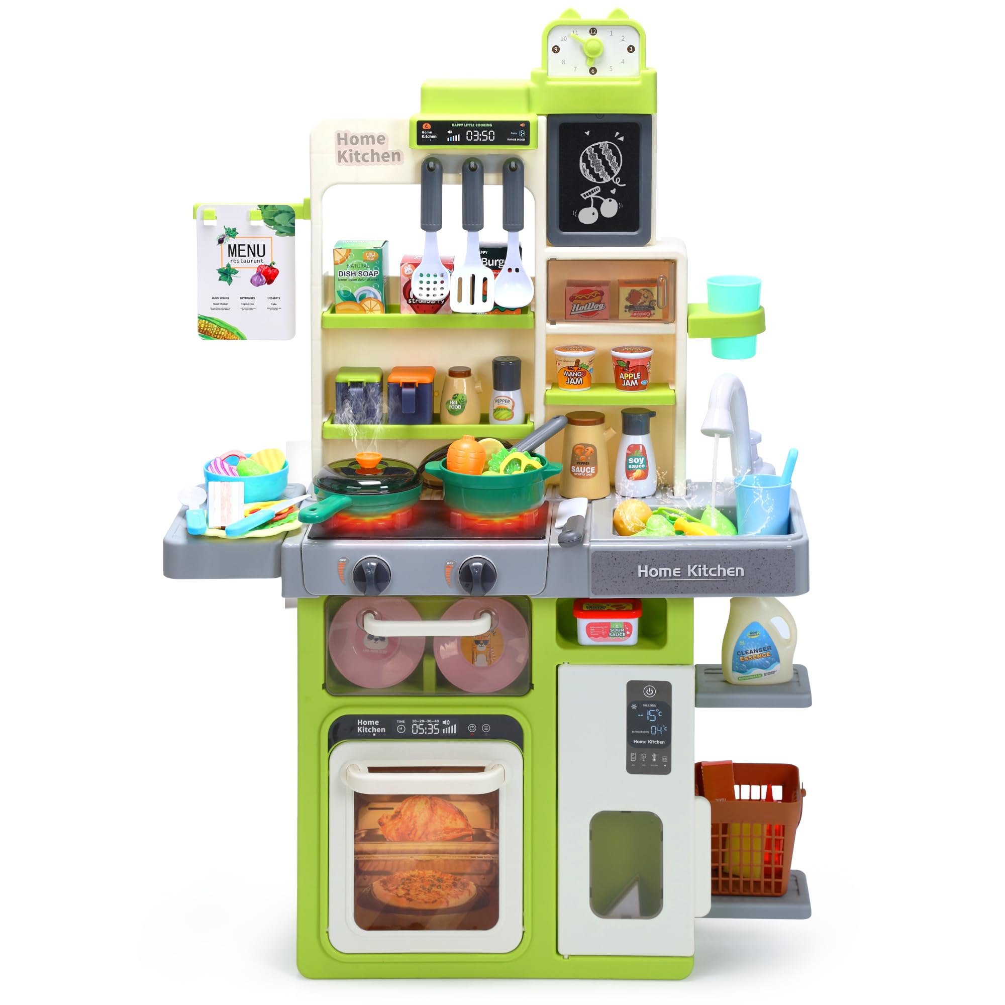 HOLYFUN Kids Kitchen Playset with Sounds, Lights, & Steam - Pretend Play Cooking Stove, Sink & Food - Green Toy Kitchen Set for Toddlers - Perfect for Home, Preschool & Playdates