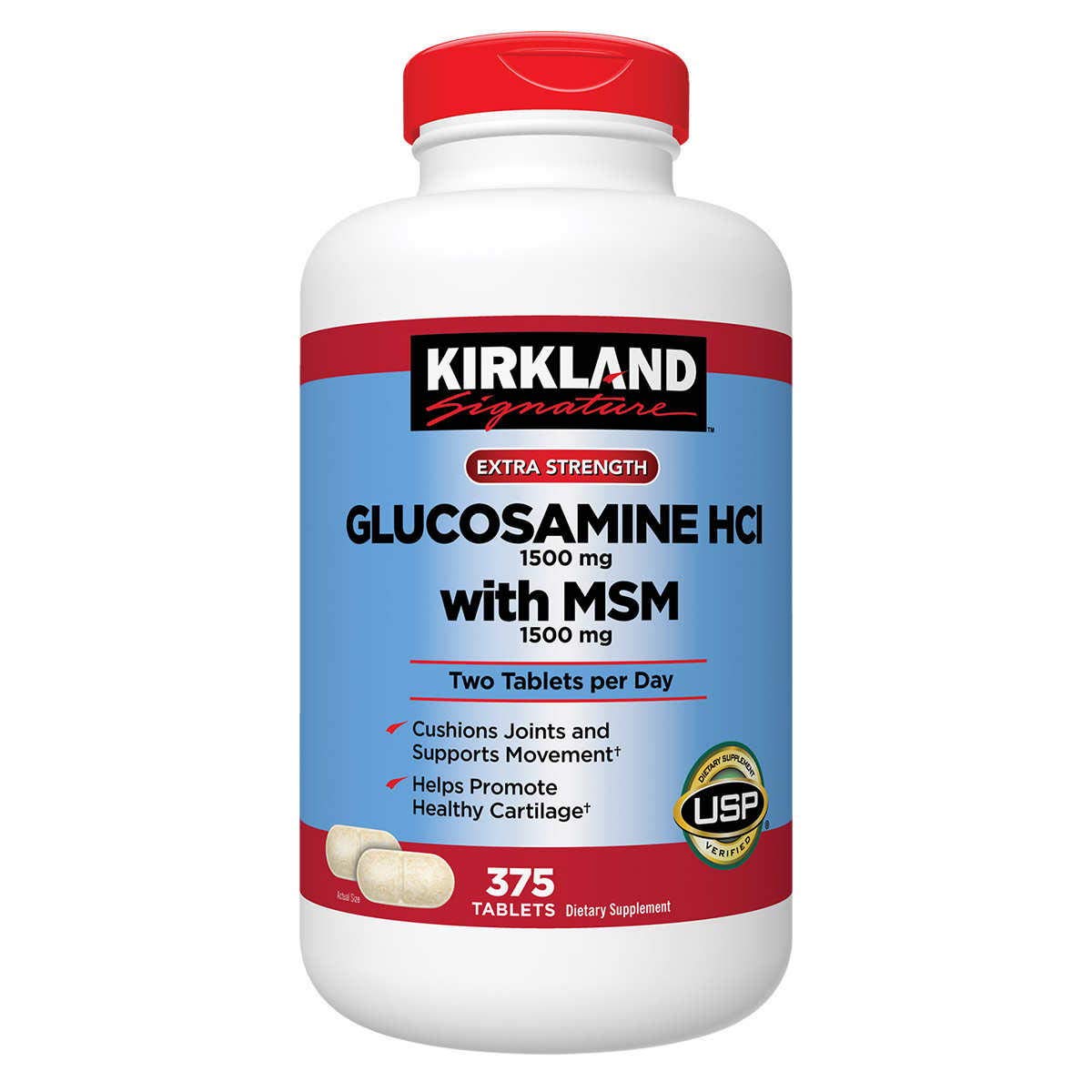 Kirkland Signature Extra Strength Glucosamine HCI 1500mg with MSM 1500mg - 4 Bottles (375 Tablets Each) | 1500 Tablet Value Pack | Joint Support Supplement for Adults & Seniors | Ideal for Active Lifestyle, Sports Recovery & Arthritis Relief