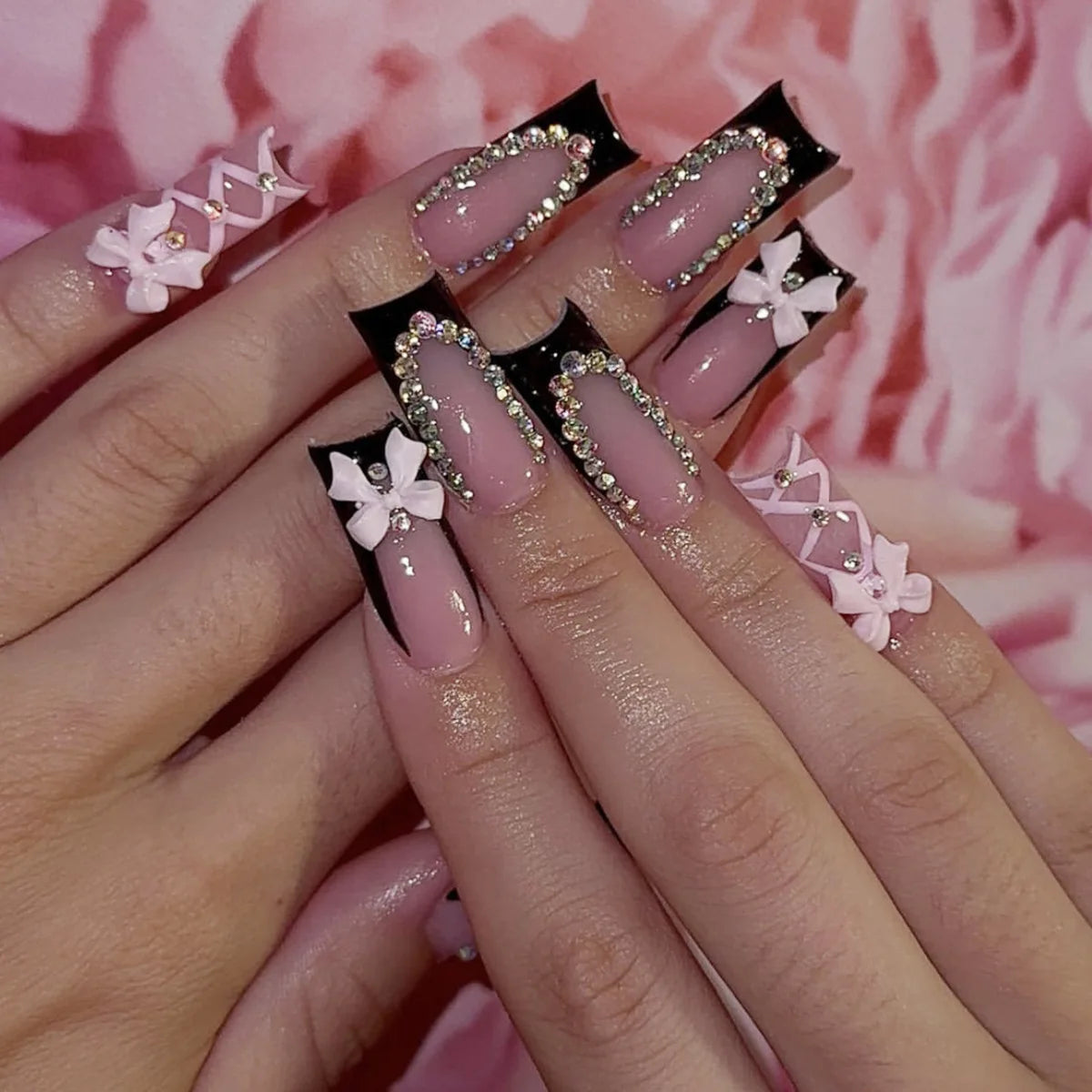 24Pcs French Tip Press on Nails - Long Glitter Rhinestone False Nails with 3D Bow Tie Designs | Wearable Y2K Fake Nails Kit Includes Jelly Glue | Perfect for Parties, Weddings, and Special Occasions