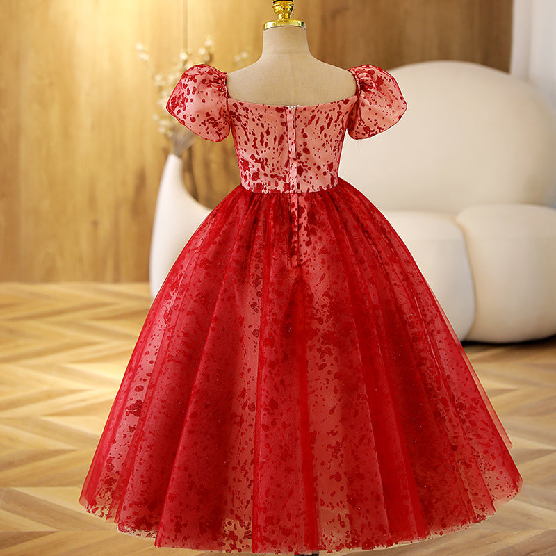 Elegant Red Tulle Princess Flower Girl Dress with Sequin & Pleated Puff Sleeves - Perfect for Weddings, Birthday Parties, and Special Occasions