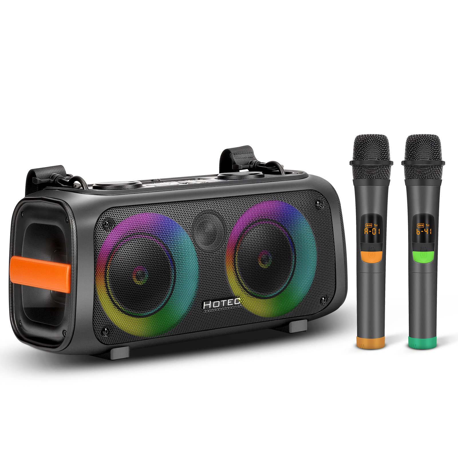 Hotec Portable Bluetooth Karaoke Machine with 2 Wireless Microphones - PA Speaker for Adults & Kids, LED Party Lights, TF/USB/AUX Input, TWS & Recording Function - Perfect for Home Parties, Outdoor Gatherings & Family Entertainment