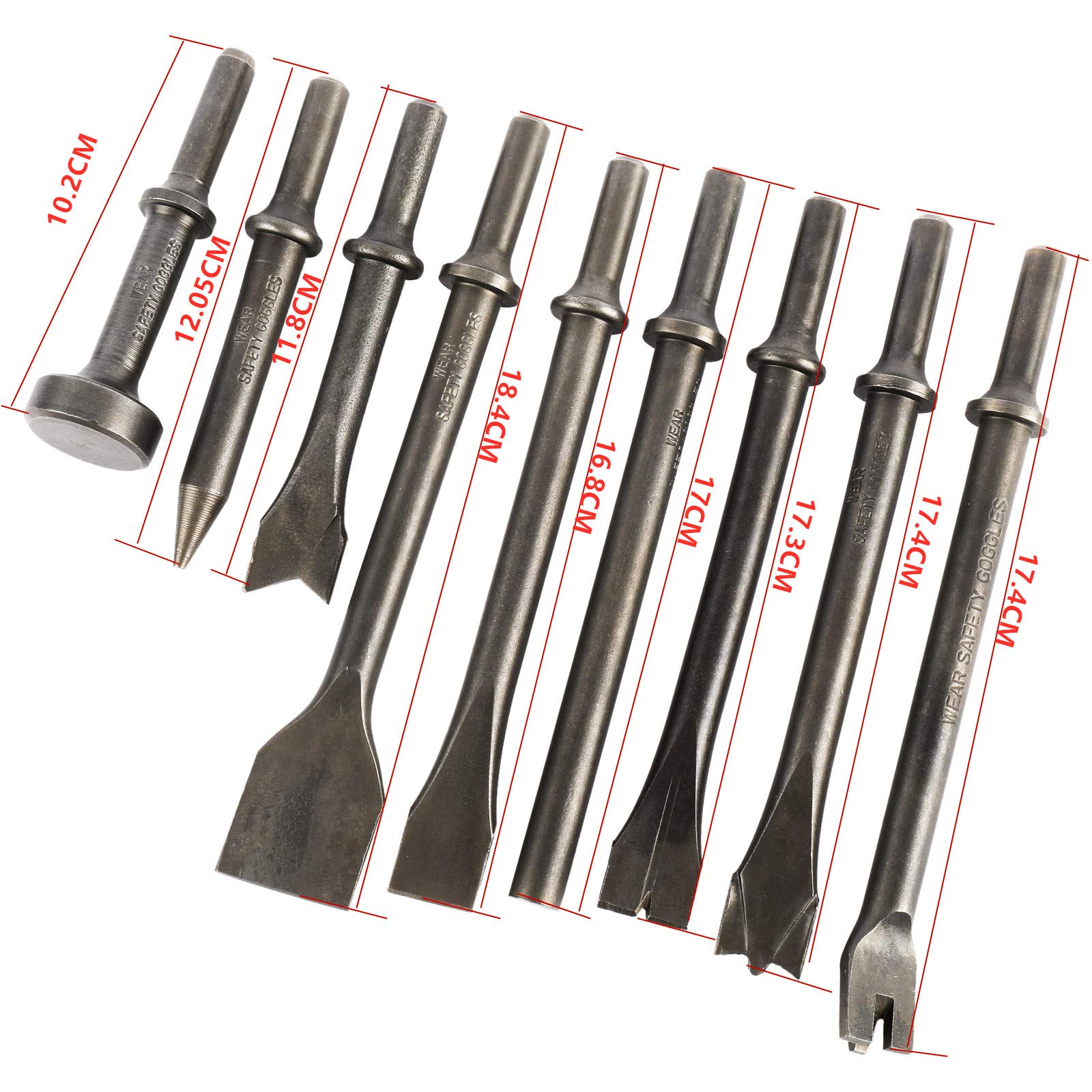 KUNTEC 9-Piece Pneumatic Chisel Tool Set - Air Hammer Punch & Chipping Bits with 0.39