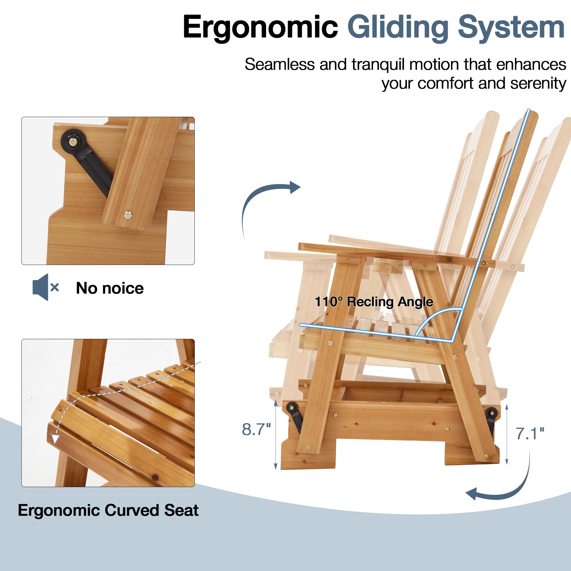HOMREST 2-Piece Wooden Patio Glider Chair Set with Cup Holders - Heavy Duty 700LBS Capacity, Ergonomic Deep Contoured Seat & High Roll Back - Perfect for Outdoor Garden, Porch, Balcony & Backyard Relaxation