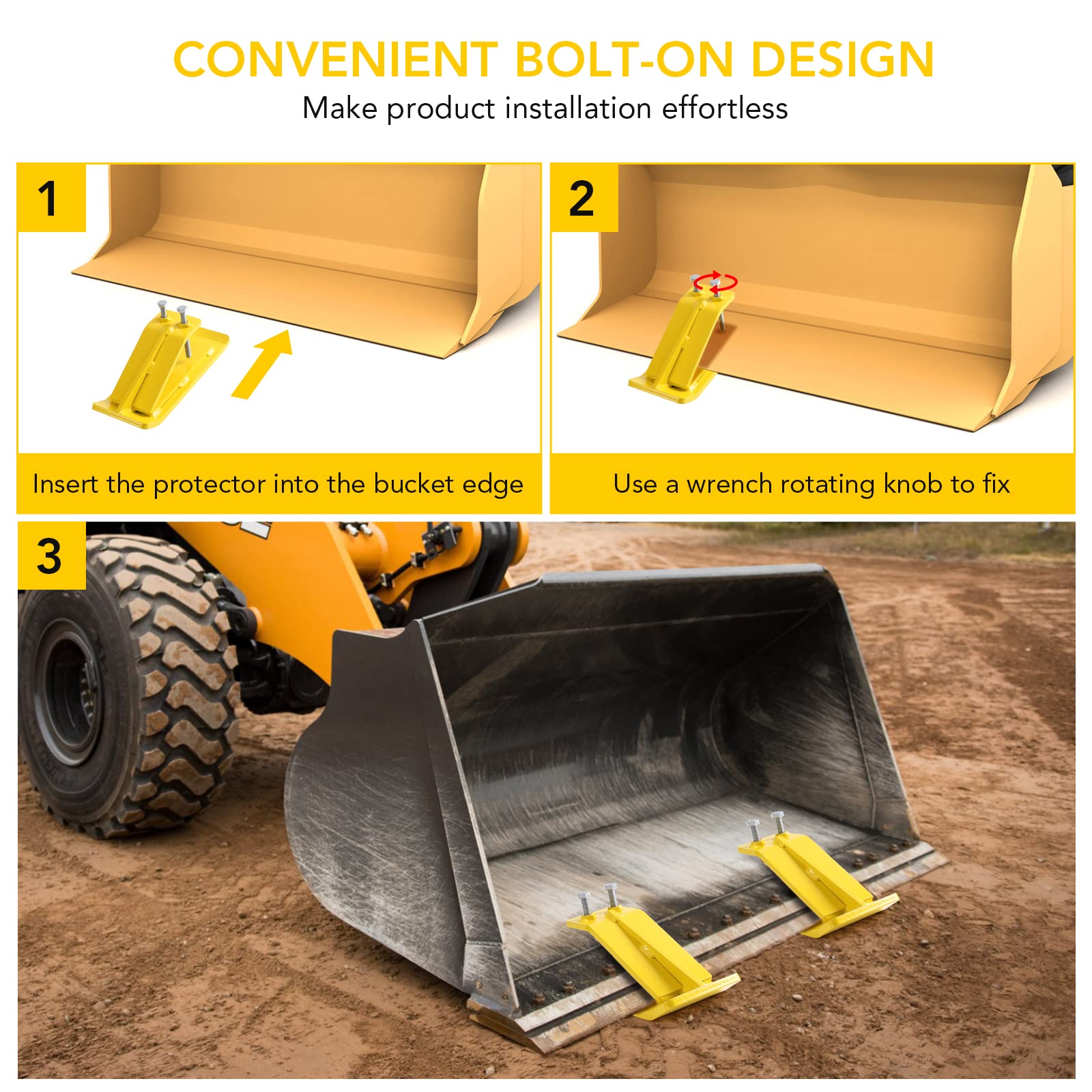 GARVEE 2-Pack Yellow Tractor Bucket Edge Protectors - Heavy Duty Skid & Turf Guards for Snow Plow & Landscaping Equipment - Fits Most Tractor Loaders & Buckets