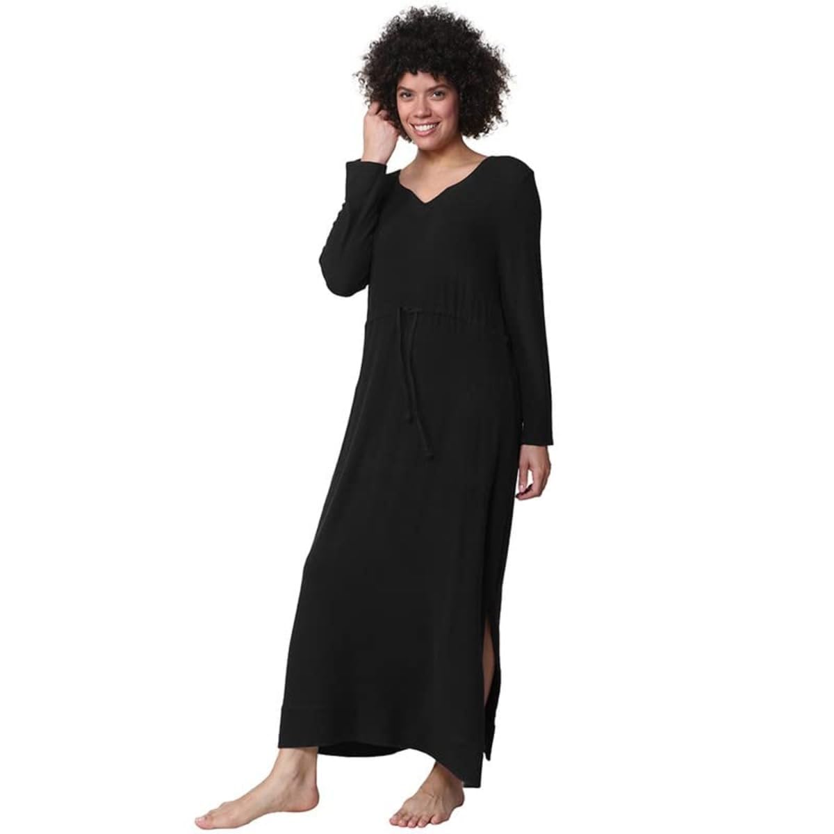 LA CERA Women's Sleepshirt Lounge Dress - Long Sleeve V-Neck Nightgown with Side Slits & Pockets - Soft Rayon Polyester Spandex Blend - Machine Washable - Perfect for Sleepwear, Loungewear & Relaxing at Home