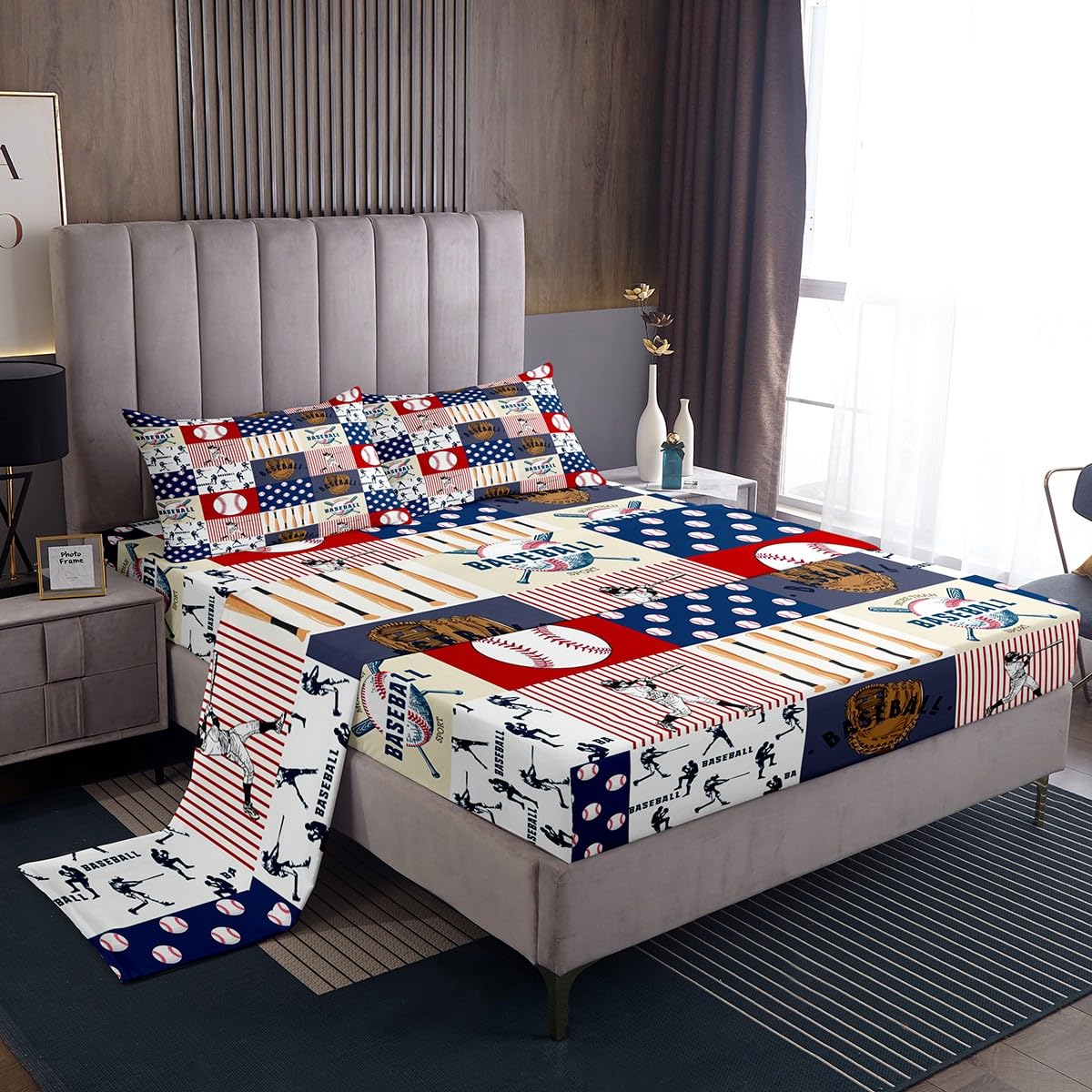 Manfei Full Size Baseball Sports Theme Bedding Set - 4 Piece Plaid Fitted Sheet with Deep Pocket, Flat Sheet & 2 Pillowcases for Kids, Boys, Teens - Baseball Bat & Gloves Print | Perfect for Sports-Themed Bedrooms, Dorm Rooms & Gift Ideas