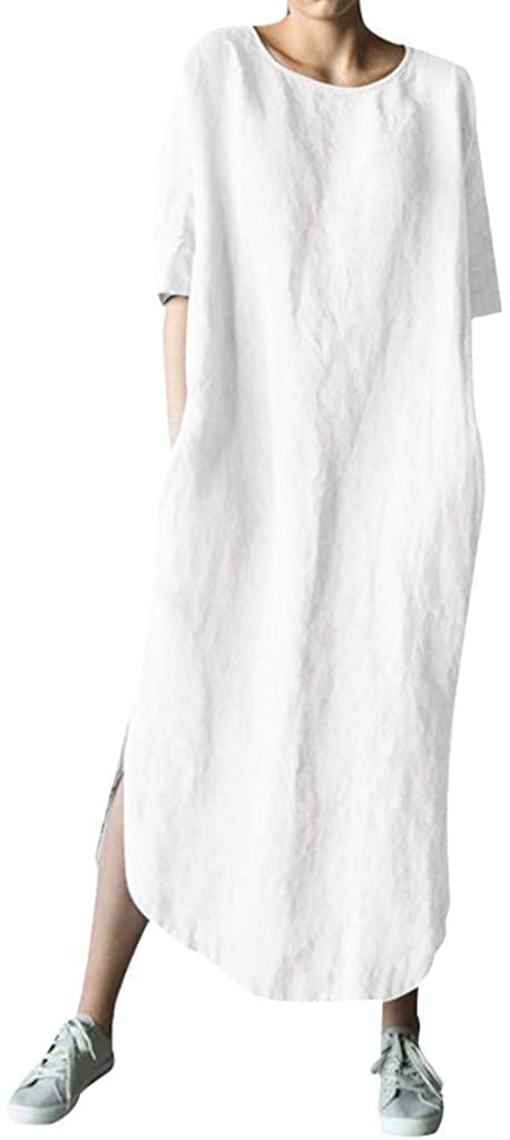 Women's Cotton Linen Maxi Dress - Summer Plus Size Short Sleeve Crew Neck Loose Kaftan Dress with Pockets | Beach Cover Up, Casual Outfit & Vacation Wear