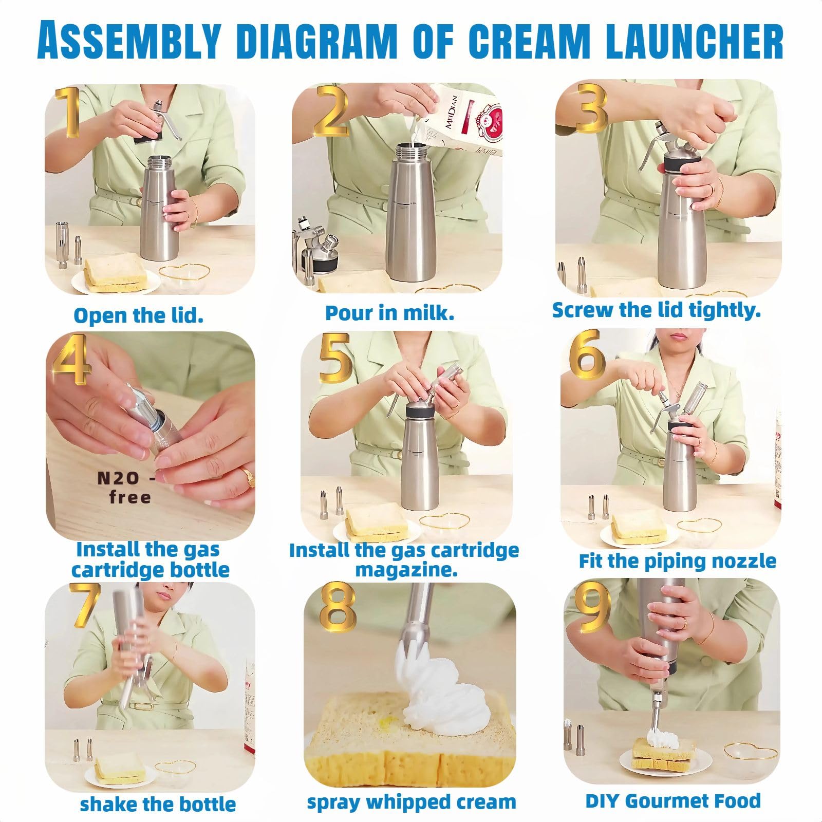 Stainless Steel Whipped Cream Dispenser with Nozzles - 500ml for Baking & Desserts