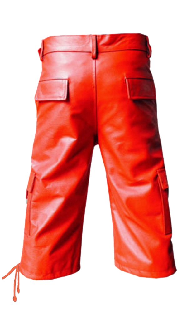 **Men's Genuine Red Leather Combat Cargo Shorts - Lederhosen Style for Outdoor Adventure & Casual Wear**