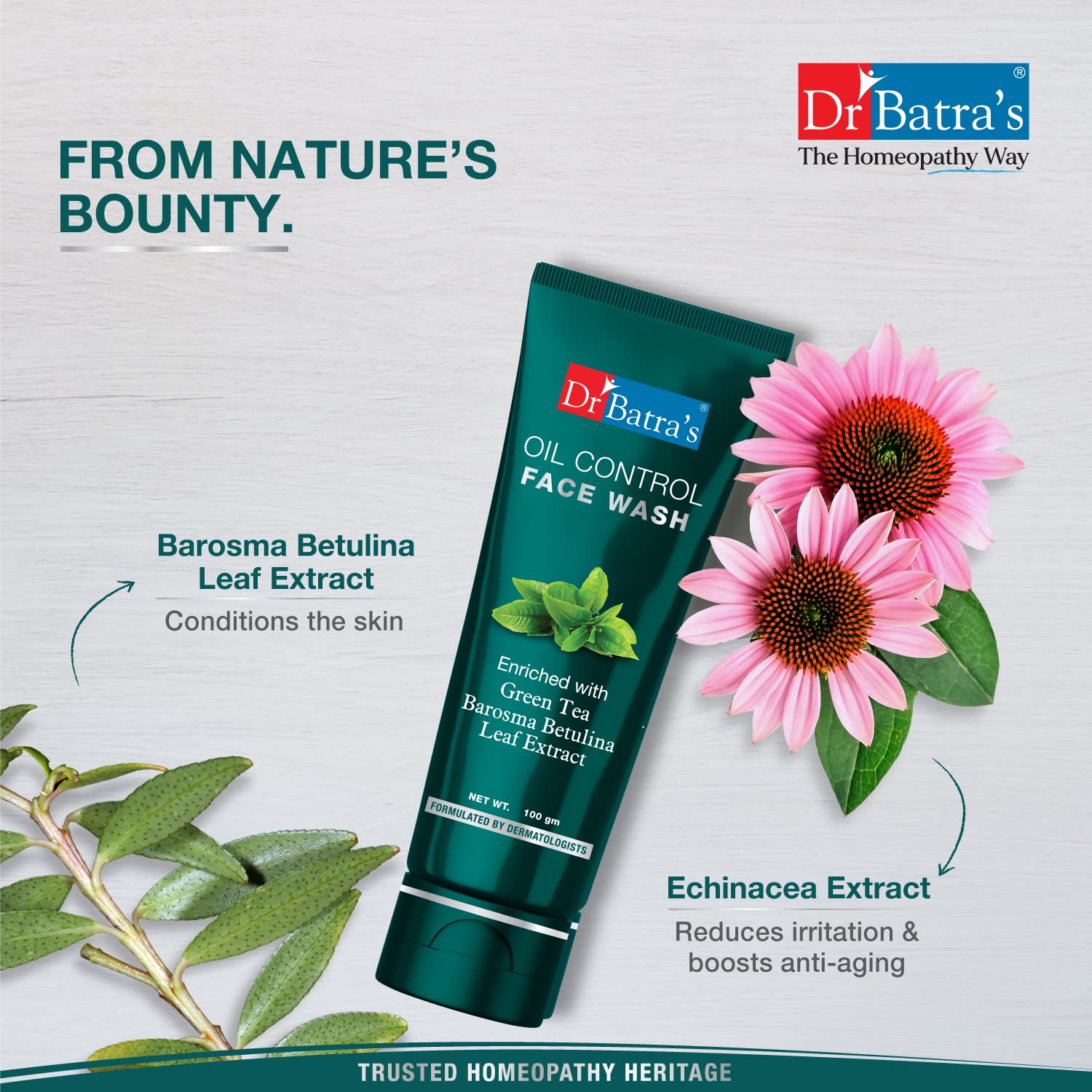 Dr. Batra's Oil Control Face Wash - Sulphate, Silicone & Soap Free with Barosma Betulina & Echinacea Extract for Oily & Clear Skin (100g, Pack of 2) | Gentle Daily Cleanser for Acne-Prone & Combination Skin