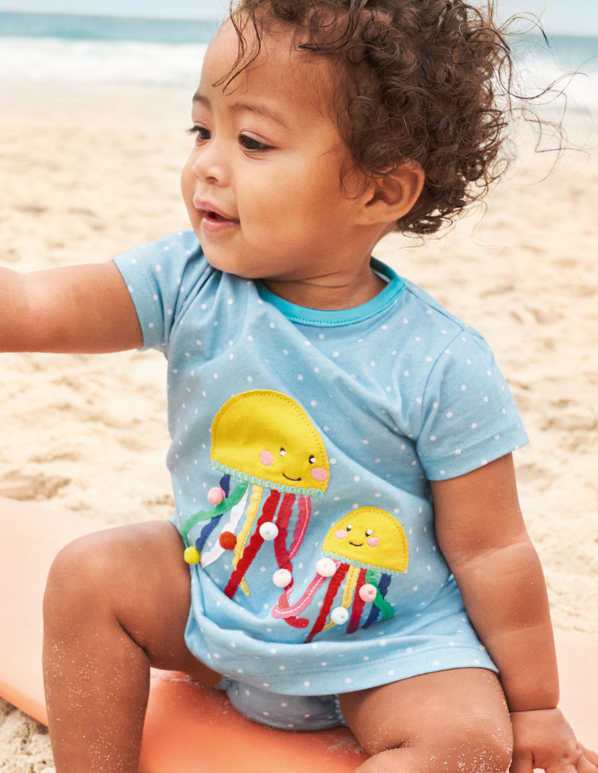 Appliqué Jersey Dress in Ivory/Aqua with Jellyfish Design - Perfect for Beach Vacations, Summer Parties & Casual Outings